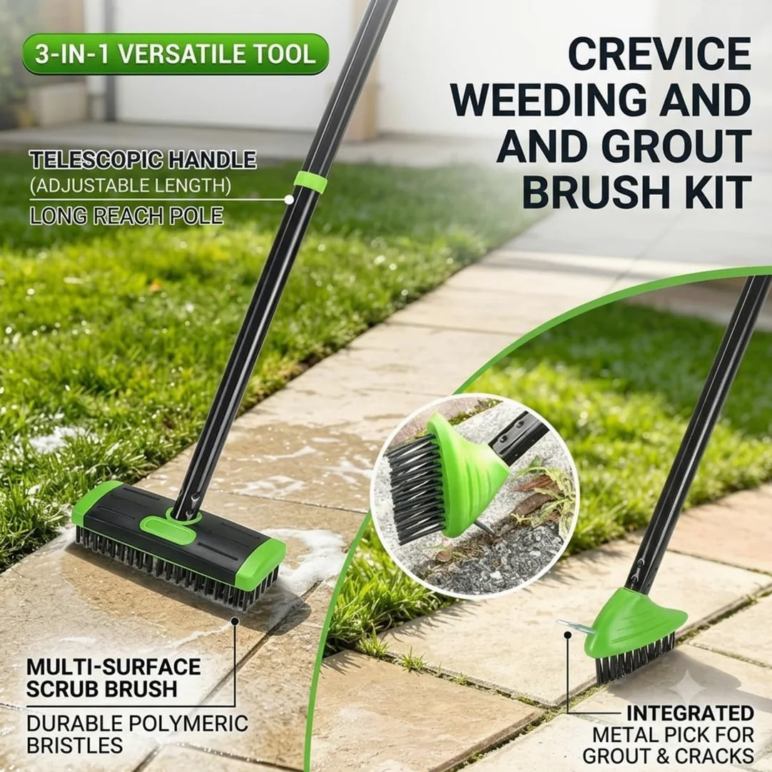 Ensemble de brosses désherbantes 3-en-1, Outil pour Joints de pavés avec Long Manche Amovible, Brosse métallique et grattoir pour terrasse, allée, Trottoir et Jardin (Black)