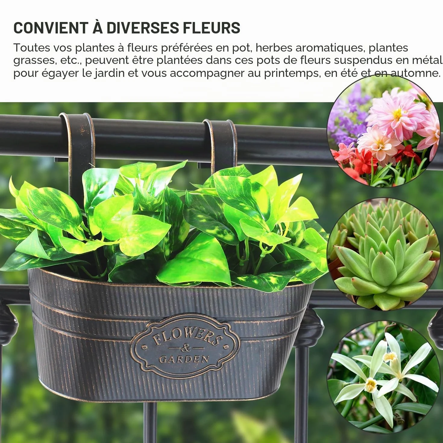 Lot de 4 Jardinières Suspendues Métal avec Crochets Amovibles pour Plantes Balcon Jardin
