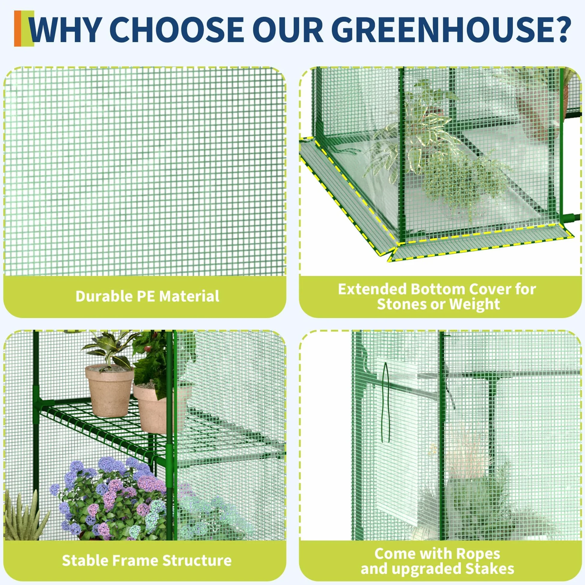 Garvee Serre de jardin à abri Walk-in, 143 x 73 x 195 cm, serre pour plantes avec couverture en polyéthylène 140 g, imperméable et structure en acier, 4 étagères amovibles, 1 porte et 2 fenêtres, vert