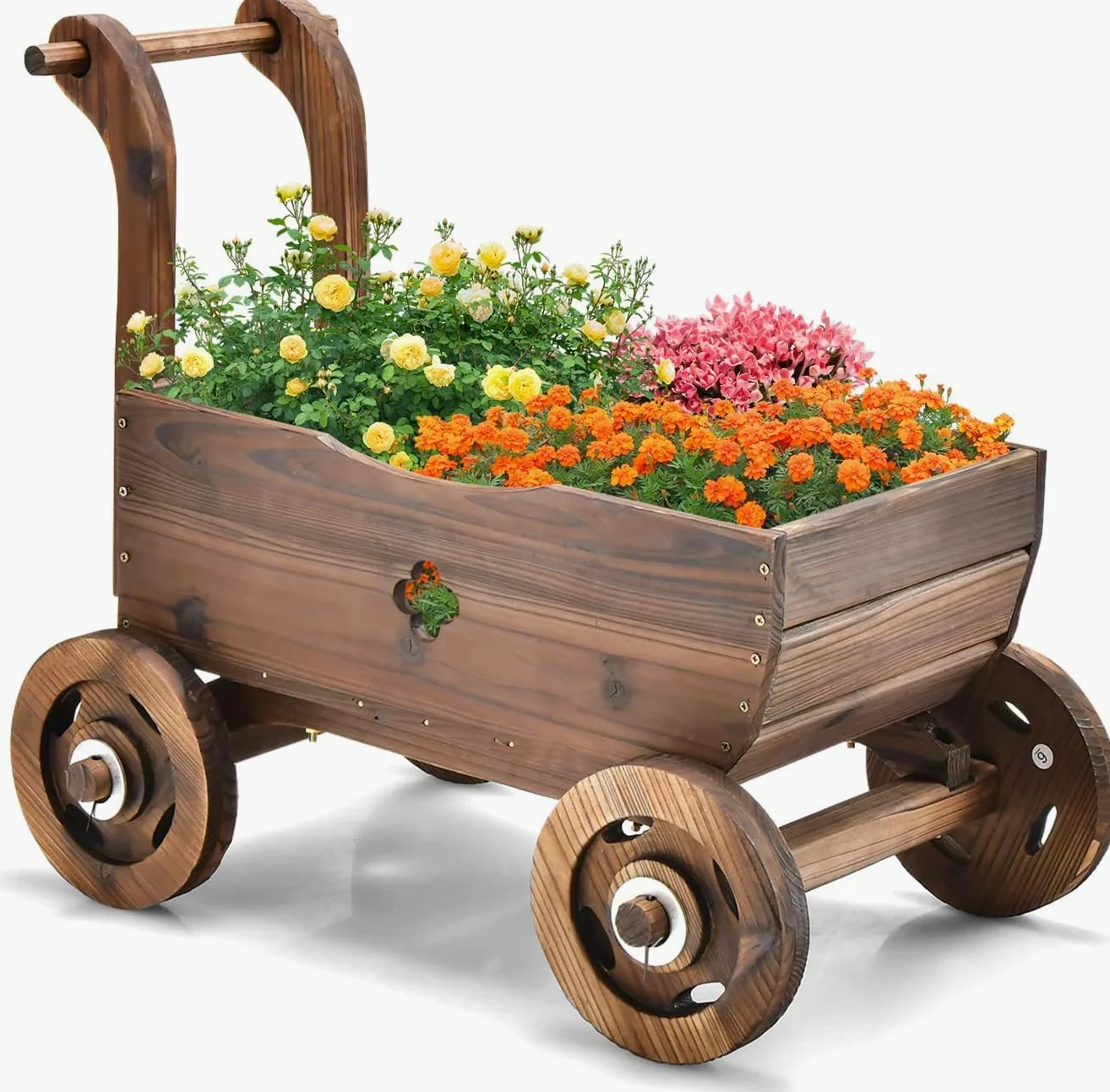 FANTASK Chariot à Fleurs en Bois avec Roues et poignée, Chariot de Plantation avec Trou de Drainage, Diable Rustique, pour Jardin, terrasse, Pot de Fleurs, brouette, décoration de Jardin, jardinière