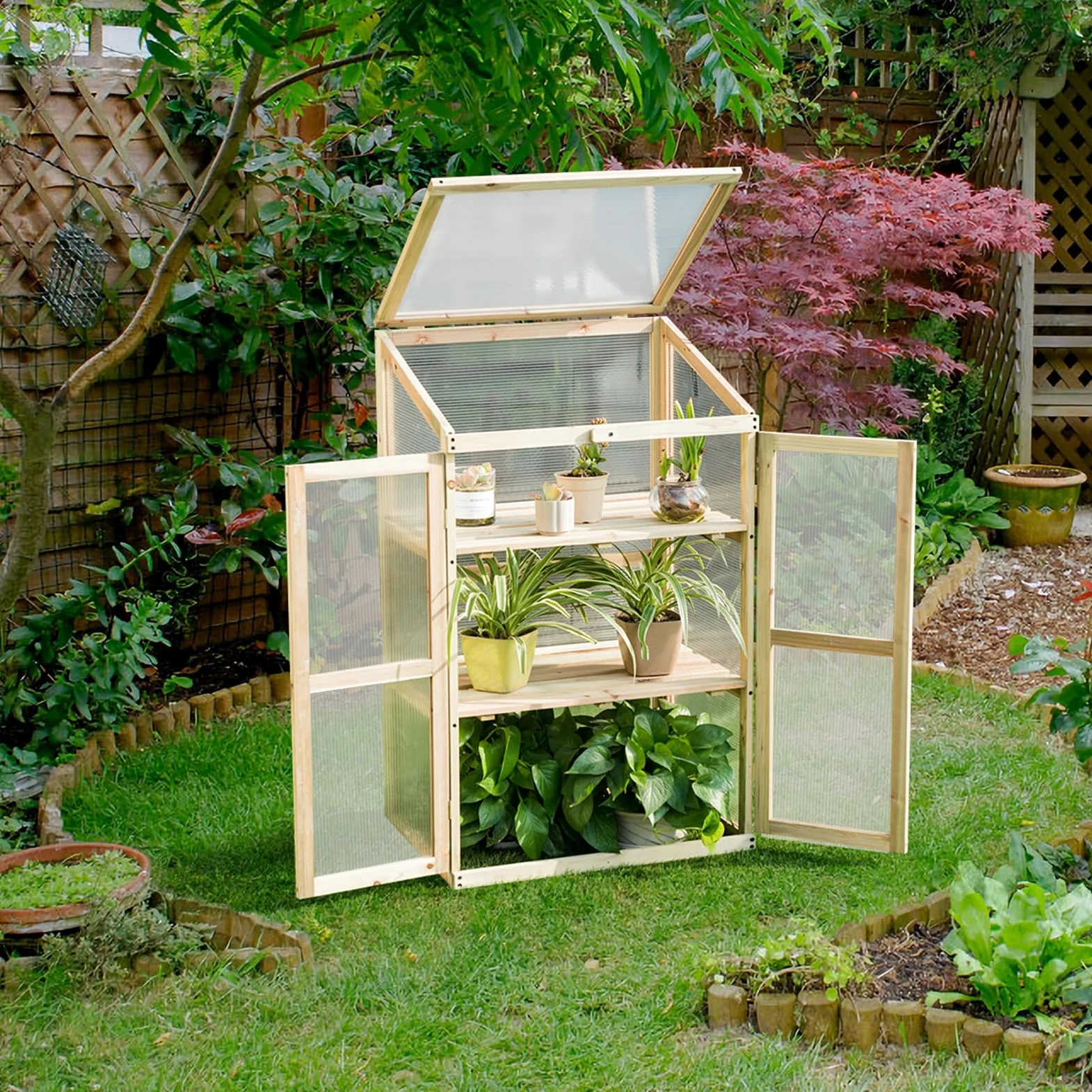 HOMASIS Serre de Balcon PC en Verre avec 2 Étagères | Mini Serre de Jardin en Bois d'Épicéa avec Portes pour Légumes Plantes Fleurs 60 x 45 x 100 cm Naturelle