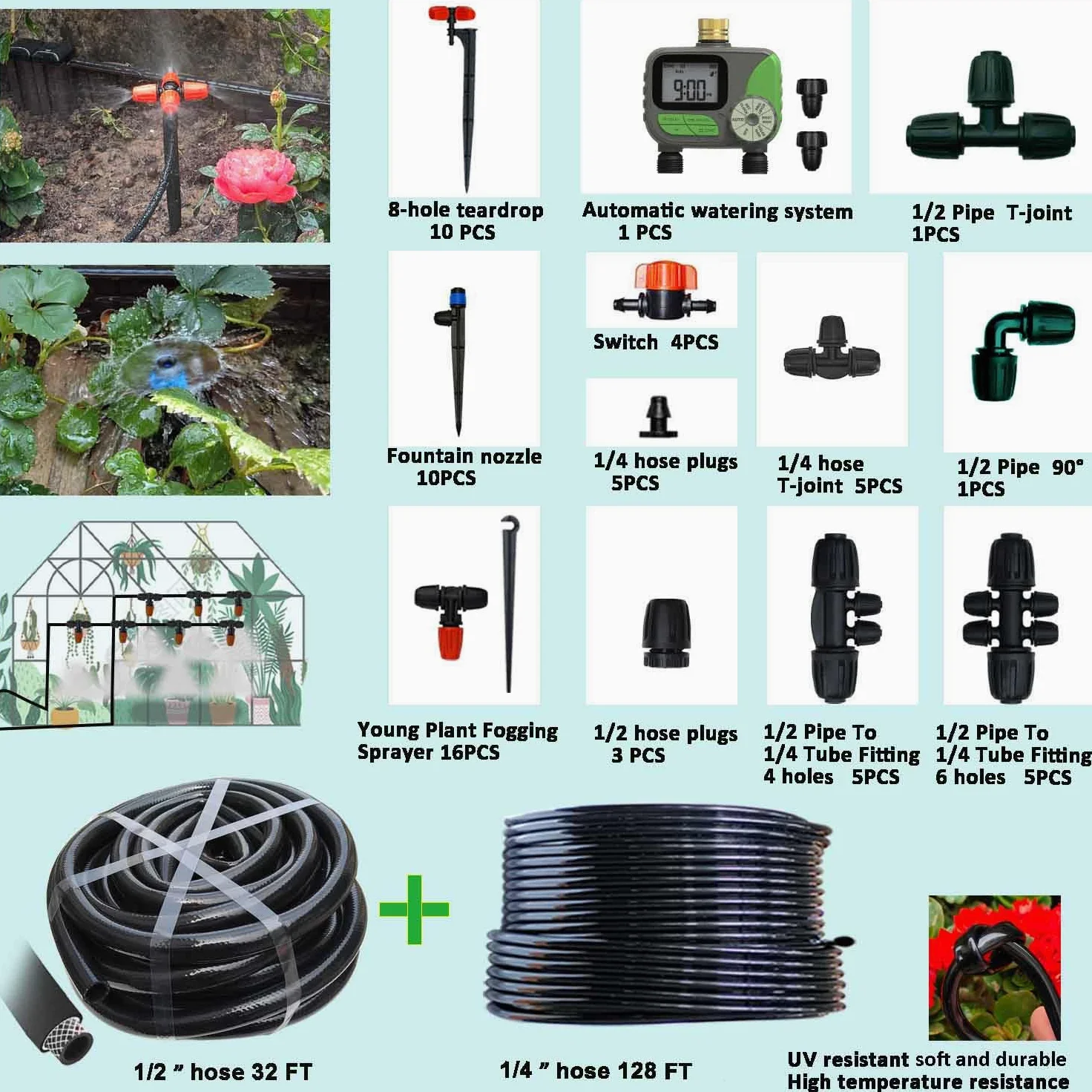 Système d'irrigation goutte à goutte pour jardin avec minuterie d'eau, ID principal 1,27 cm, 10,6 m et tuyau d'eau de 0,6 cm, double système d'arrosage pression suffisante, débit d'eau uniformément