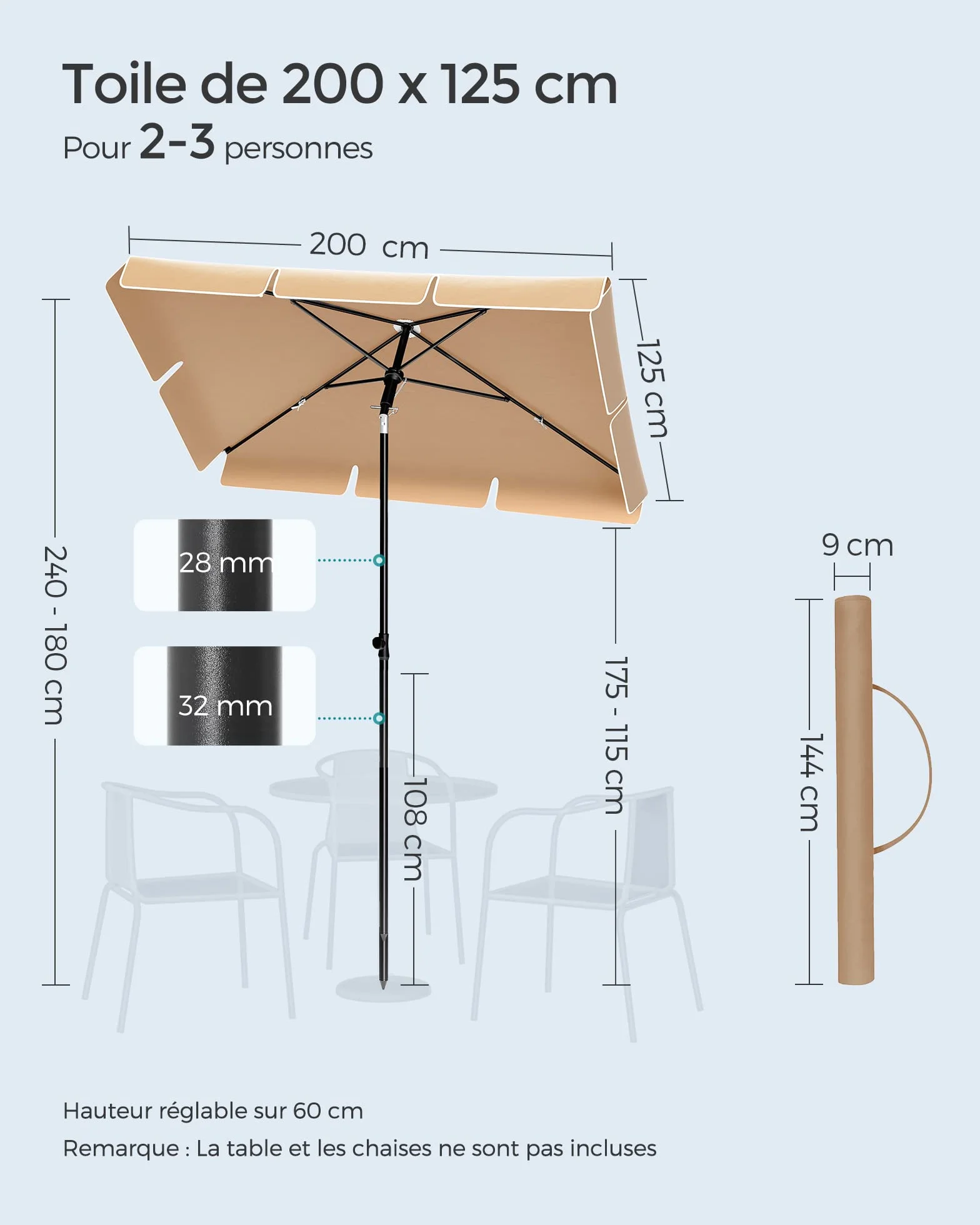 SONGMICS Parasol 200 x 125 cm Protection Solaire UPF 50+ Inclinable 30° Hauteur Réglable Sac de Transport Jardin Terrasse Taupe GPU25BR
