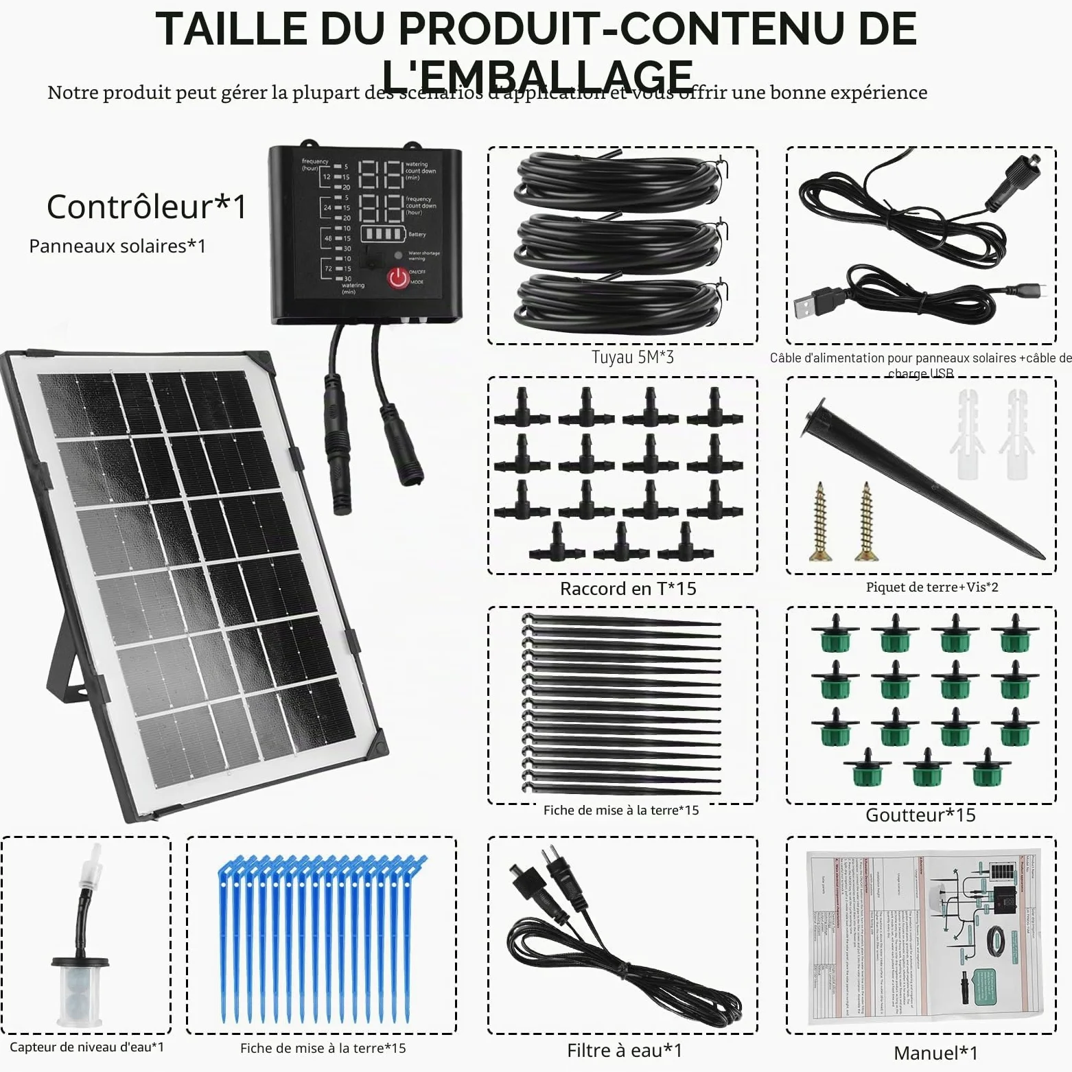 Système d'irrigation solaire, arrosage automatique, système d'irrigation goutte à goutte avec 12 modes de minuterie, capteur d'eau, tuyau de 15 m pour jardin, balcon, plantes, plantes en pot, vacances