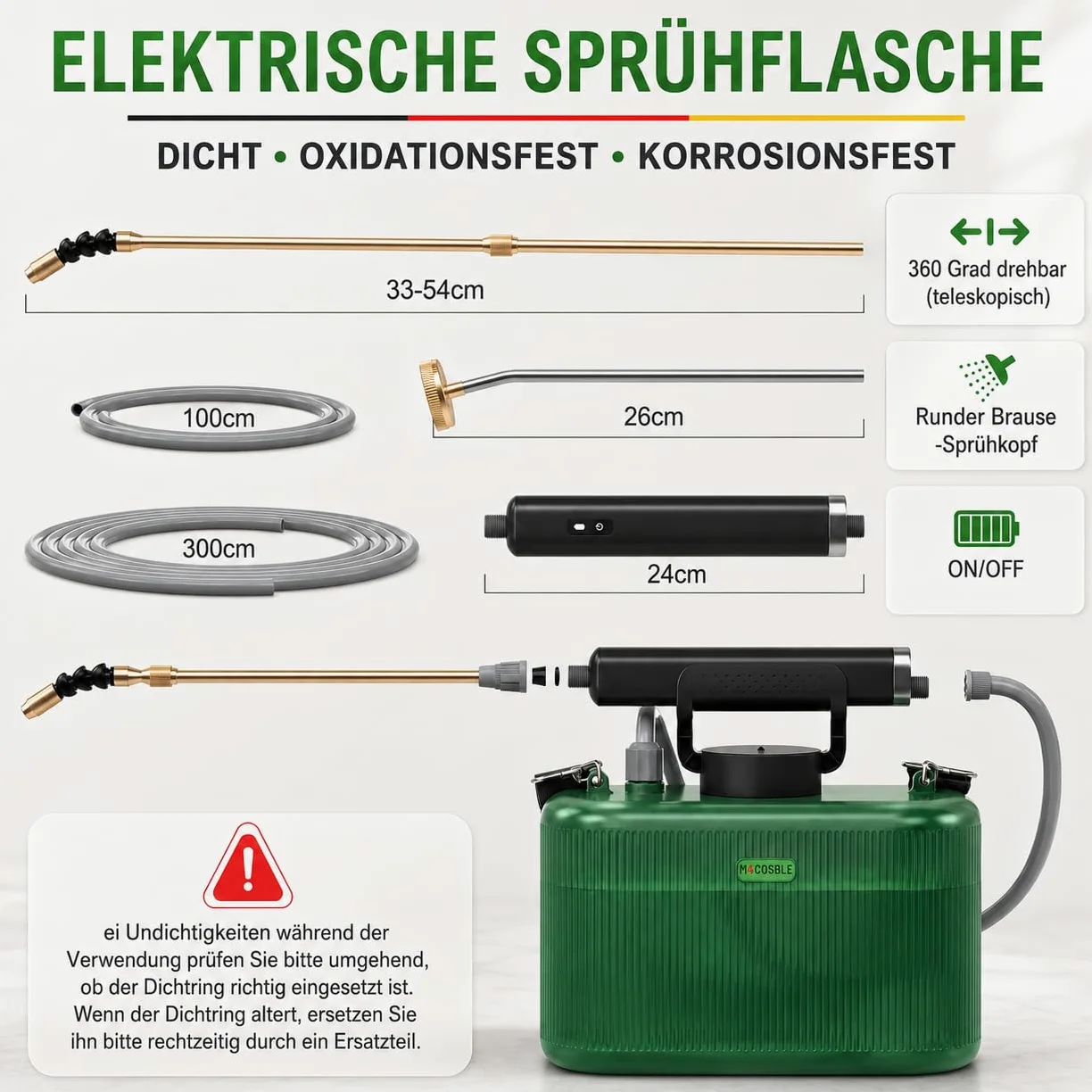 Pulvérisateur Électrique de Jardin 5L avec Lance Télescopique en Cuivre à 2 Modes + Lance INOX pour Douche, 2 Buses, Tuyau 1+3m, Batterie 2200mAh, Recharge USB-C, 2–3h d’Autonomie (5L)