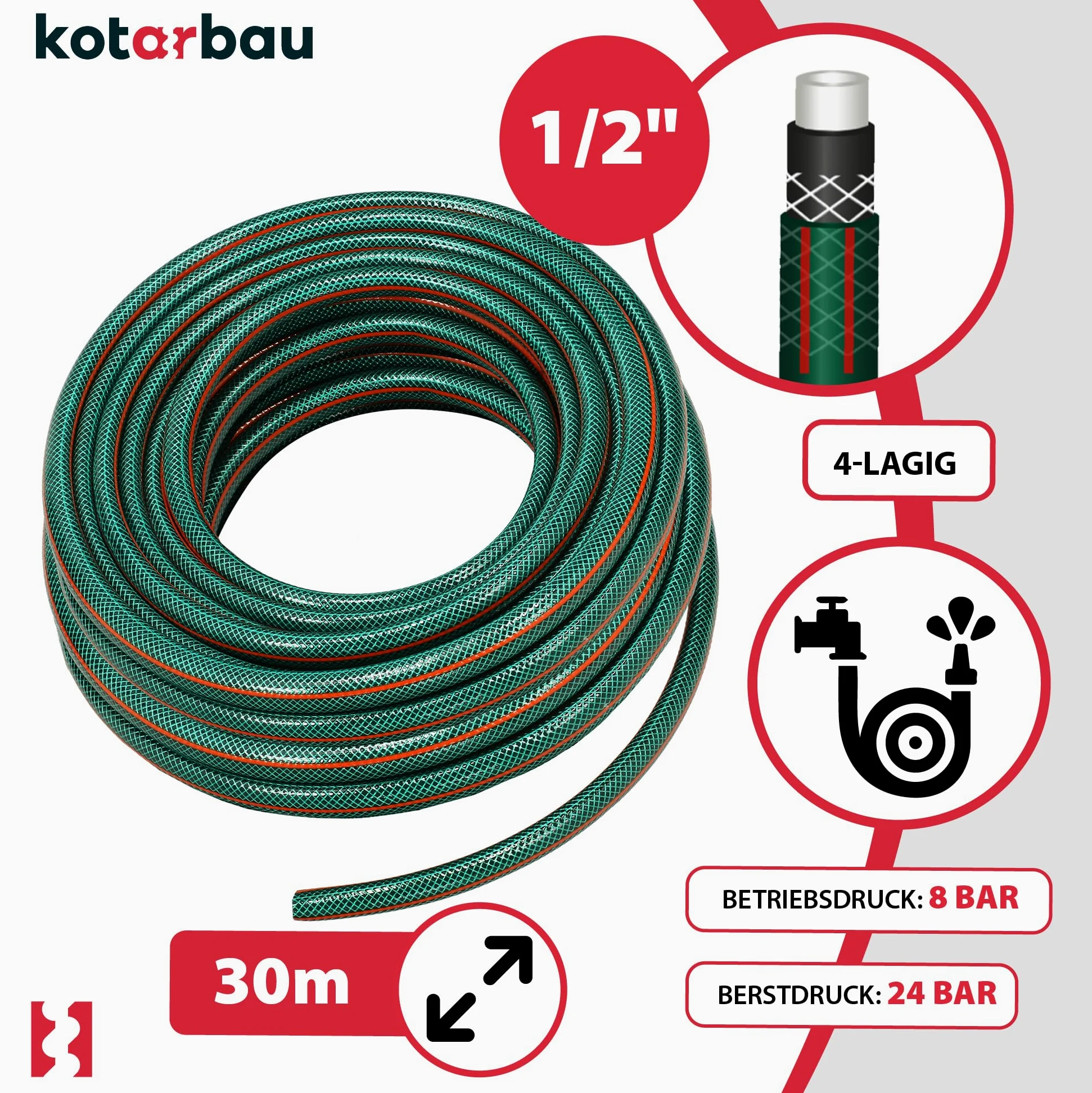 KOTARBAU® Tuyau d'arrosage professionnel, 4 couches, renforcé, pour arrosage des plantes, vert, 1/2", 30 m