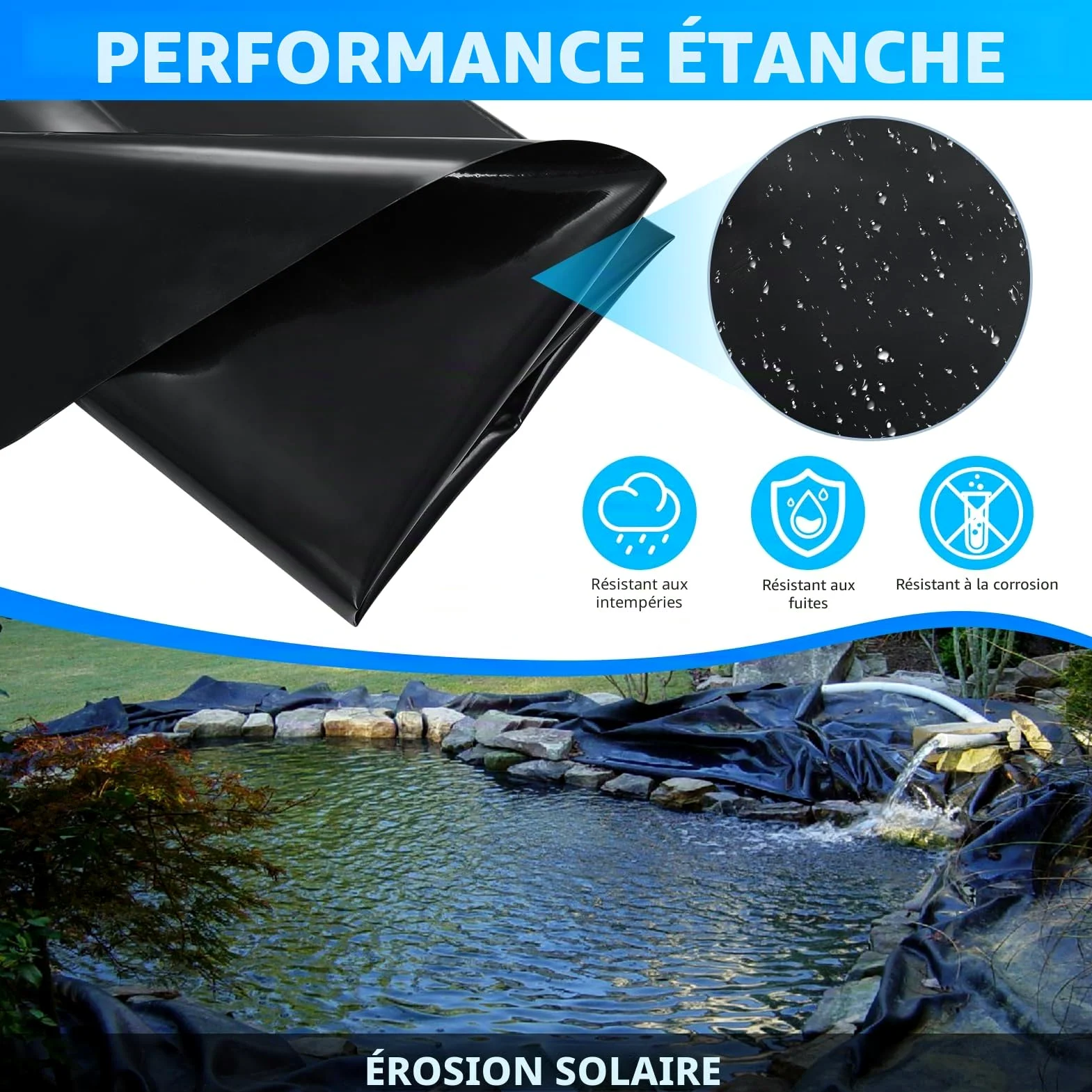Bâche de Bassin en PVC de qualité supérieure 3x6M, Noire, en PEHD, très résistante, Film d'étanchéité pour Bassin de baignade, bassins à Poissons, fontaines, Jardins Aquatiques et Cascades