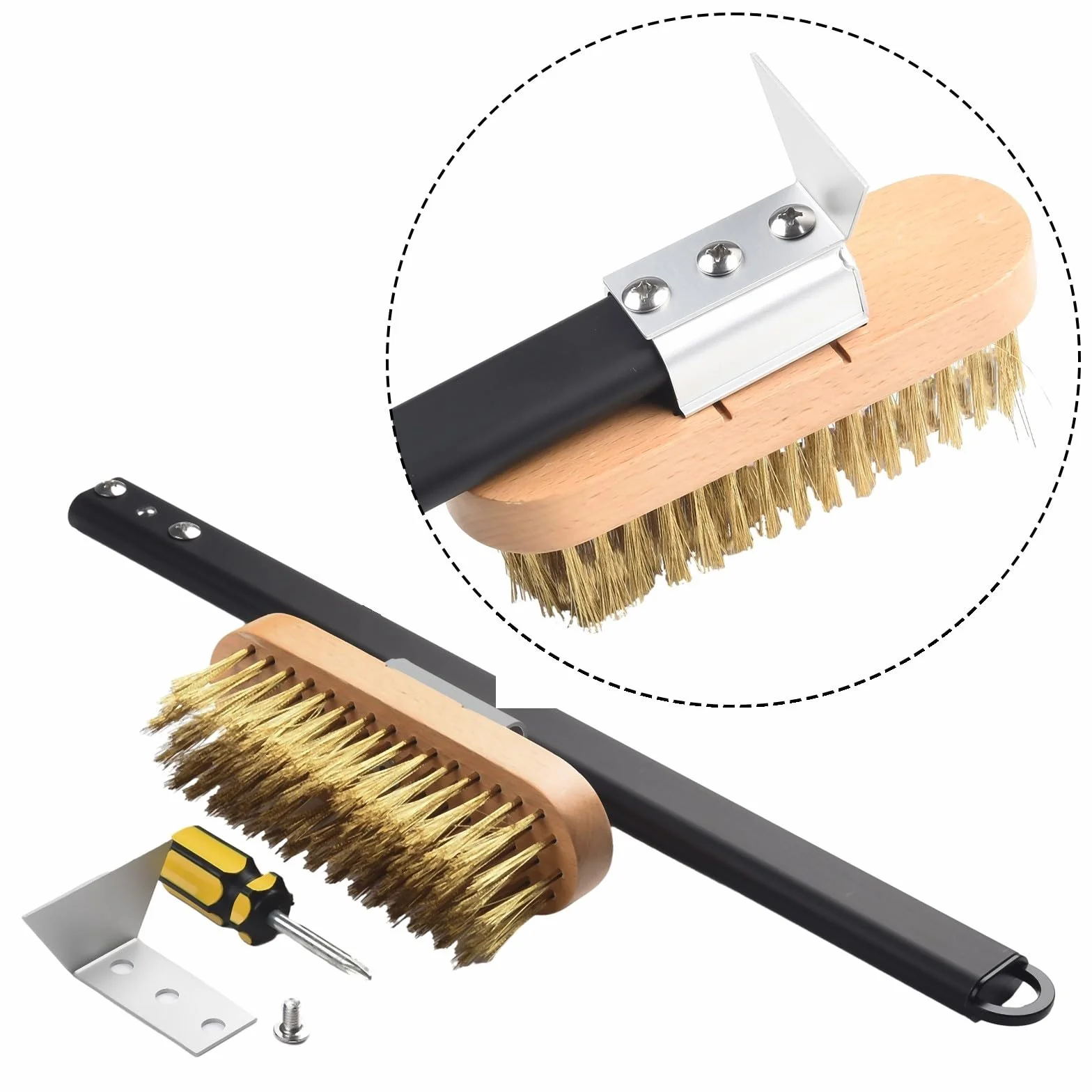 Brosse de four pour pierre à pizza avec racloir, poils en laiton et grattoir en acier inoxydable