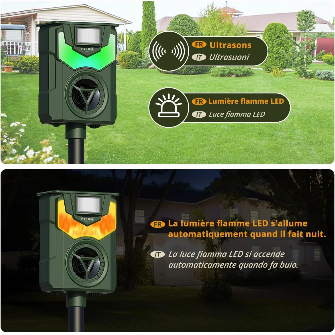 Répulsif Chat Ultrason avec Lumière Flamme LED, Recharge Solaire et USB, Étanche pour Jardin Potager, Lot de 2