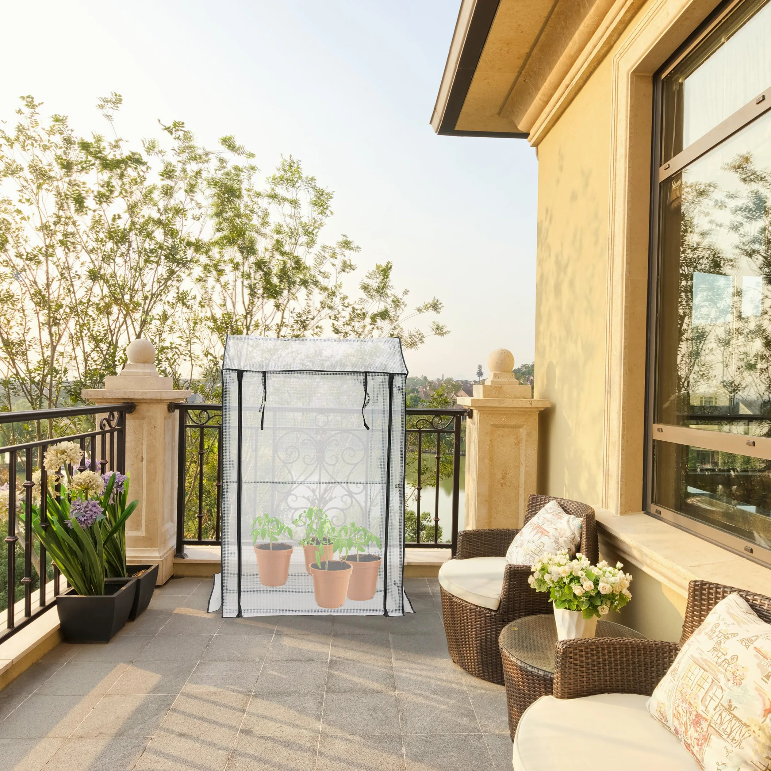 Relaxdays Serre de Balcon avec 4 grilles, HLP: 150x100x80 cm, Plastique PE et Acier, Plantes, Herbes, Transparent/Vert