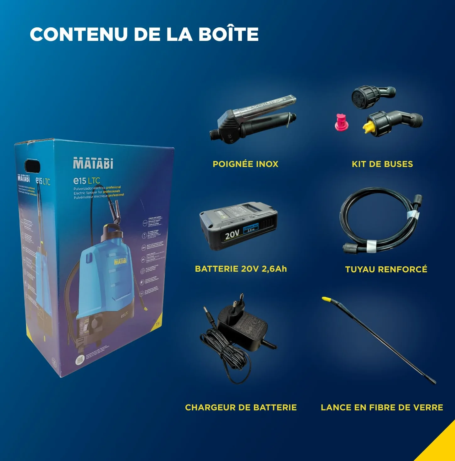 Matabi e15LTC - Pulvérisateur Électrique 15L - Batterie 20V - Kit de Busses | 2 modes de pulvérisation homogène, 4 buses, batterie pour 25 réservoirs, applications agricoles, potagers et jardins pro