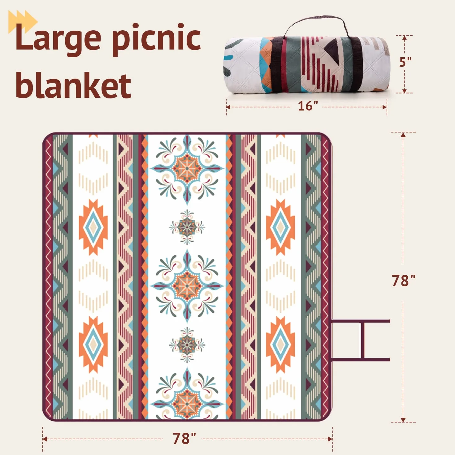 LARUTAN Grande couverture de pique-nique imperméable, 200 x 200 cm, tapis de plage avec poignée de transport, résistant au sable et à la chaleur, pour camping, plage, pique-nique familial, Seattle