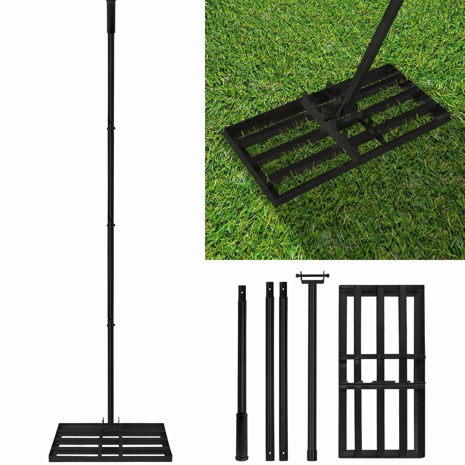 Froadp Grattoir de pelouse en acier inoxydable râteau de jardin avec poignée en caoutchouc antidérapant longueur réglable 101-202 cm pour sable, retrait de pelouse parfait (25 x 50 cm)