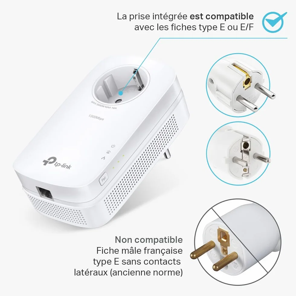 TP-Link CPL AV1300 TL-PA8010P KIT 1300 Mbps 1 Port Gigabit Prise Intégrée Pack de 2 Blanc