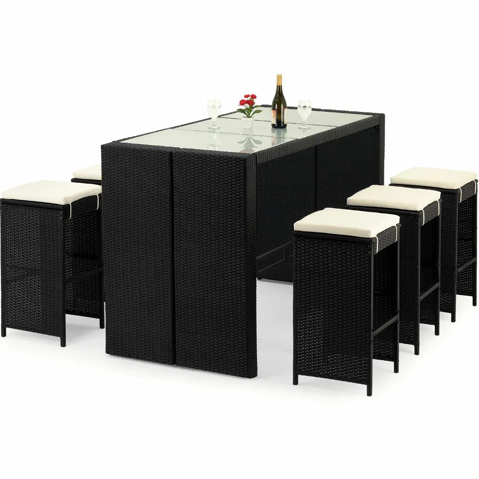 Deuba Bar de Jardin 6+1 en Polyrotin Noir avec Coussins Ensemble Table et Tabourets d'Extérieur