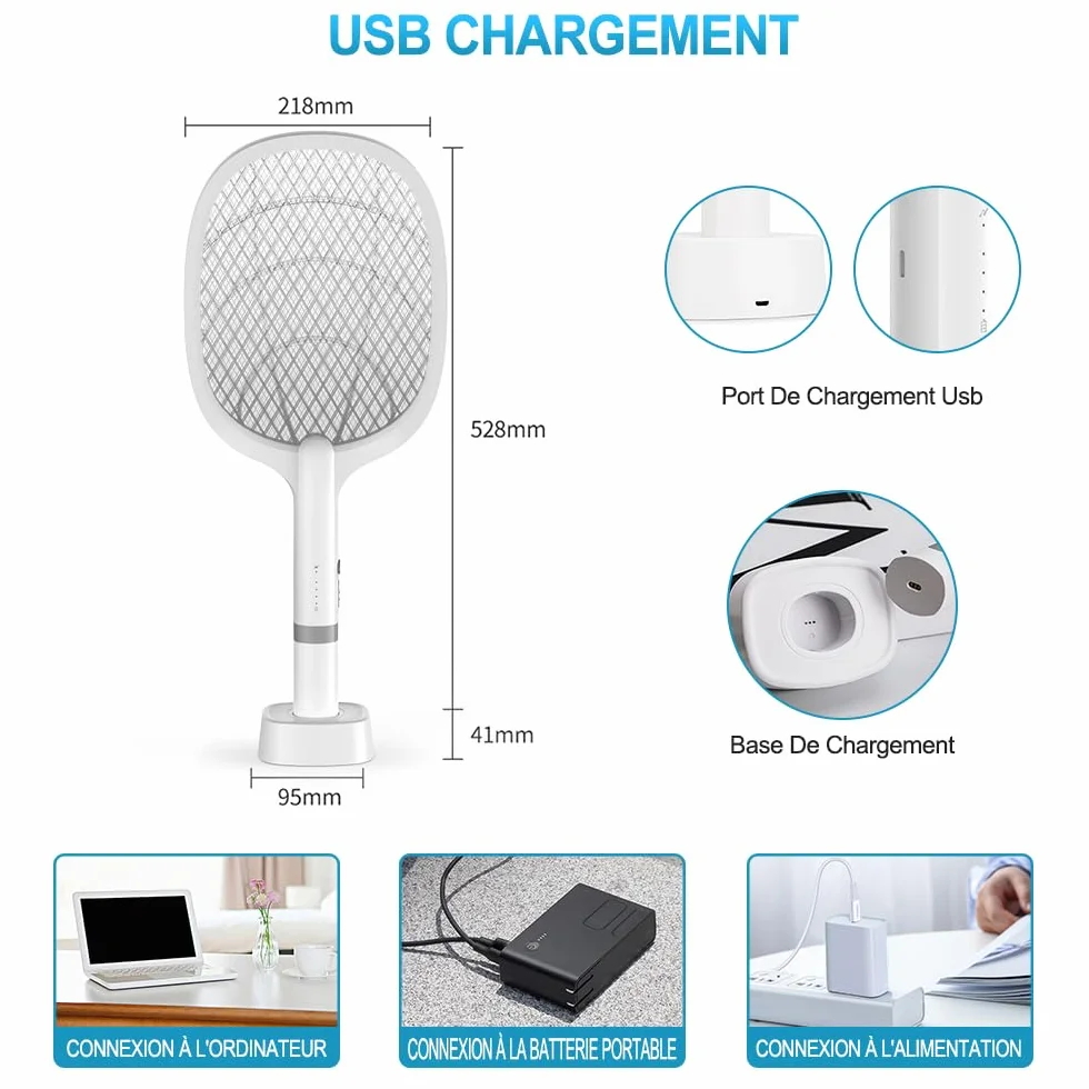 DANGZW Tapette à Mouches Électrique 5000V 2 en 1 2000 mAh USB Rechargeable avec Base de Chargement