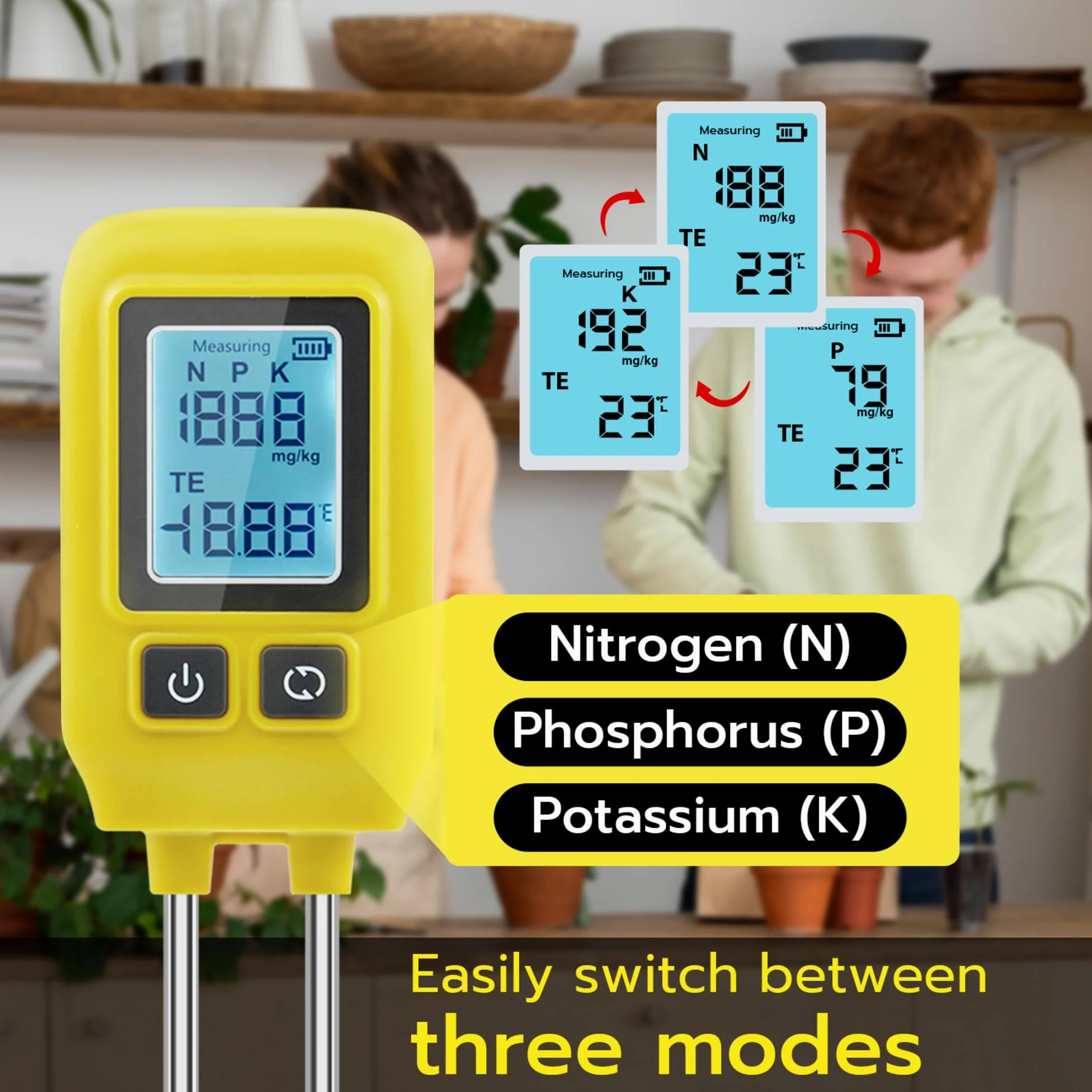 Mcbazel Professional Soil Meter, Instrument de Mesure du Sol 4 en 1,Détecteur d'Éléments Traces P/N/K, Détection de la Santé des Plantes Vertes pour Le Nitrogène/Phosphore/Potassium/Température
