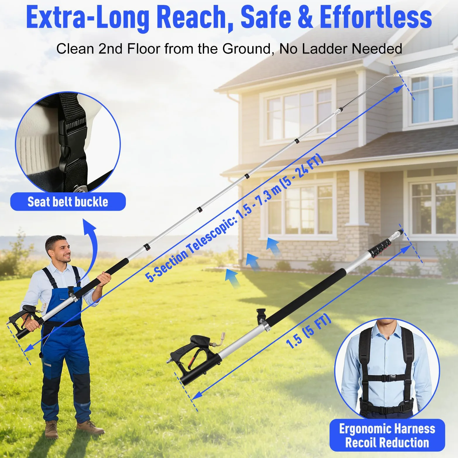 Lance Télescopique Nettoyeur Haute Pression 7,3m, Perche Nettoyage Toiture | Lance Nettoyage Toiture, 4000 PSI, Brosse Rotative, 7 Buses, Harnais Inclus, pour Voitures, Terrasses et Patios Sans échelle