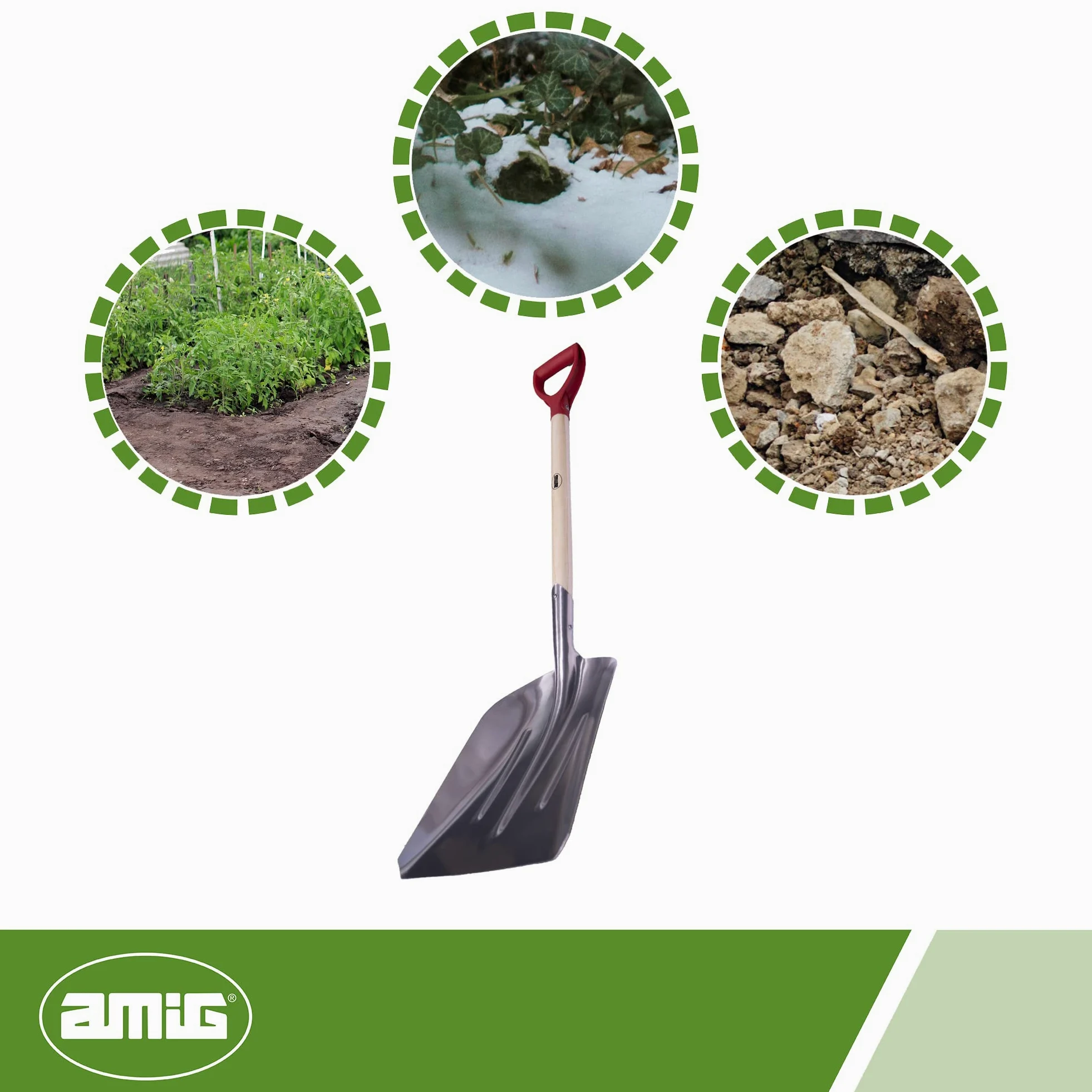 Amig - Pelle de jardin carrée | Pelle avec lame en aluminium et poignée en bois pour creuser et enlever la terre | Outils pour jardin et jardinage en finition argenté| Dimensions : 110 cm.