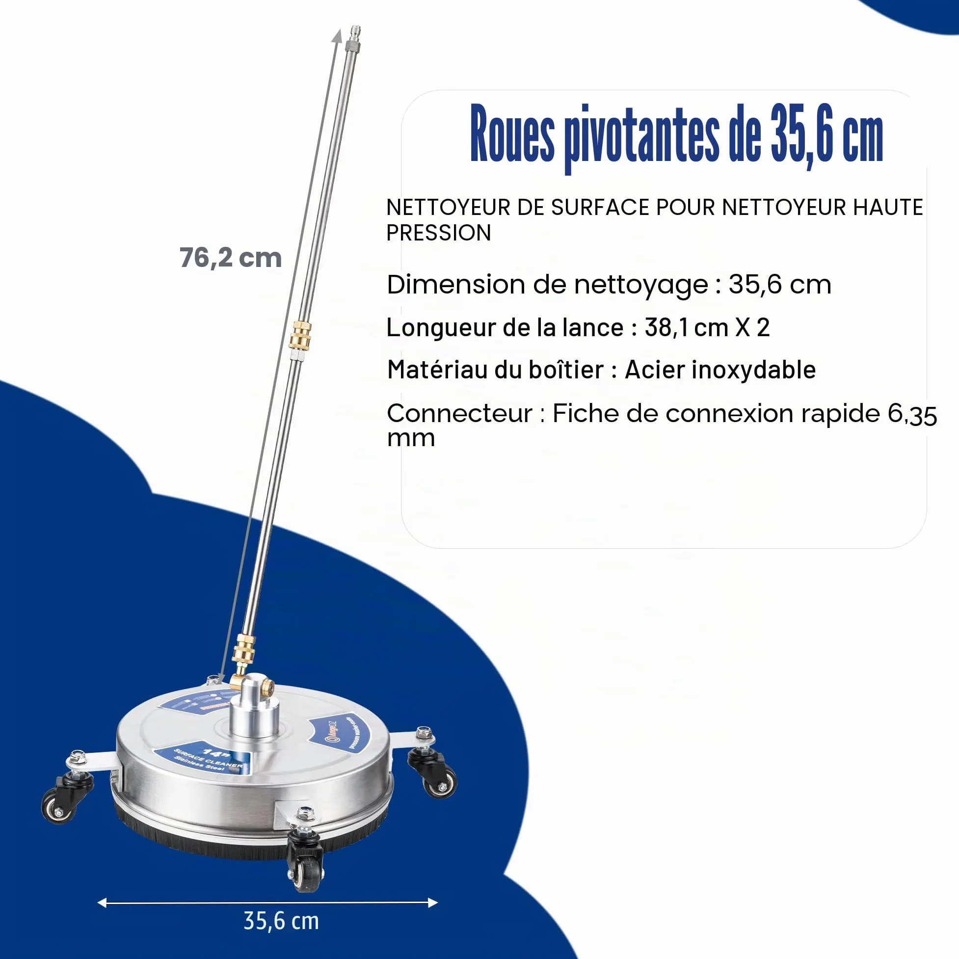 Nettoyeur de Surface pour Nettoyeur Haute Pression de 35,6 cm avec 4 Roues, Prise à Connexion Rapide de 6,35 mm, Fixation de Nettoyeur Haute Pression en Acier Inoxydable Robuste pour allée en