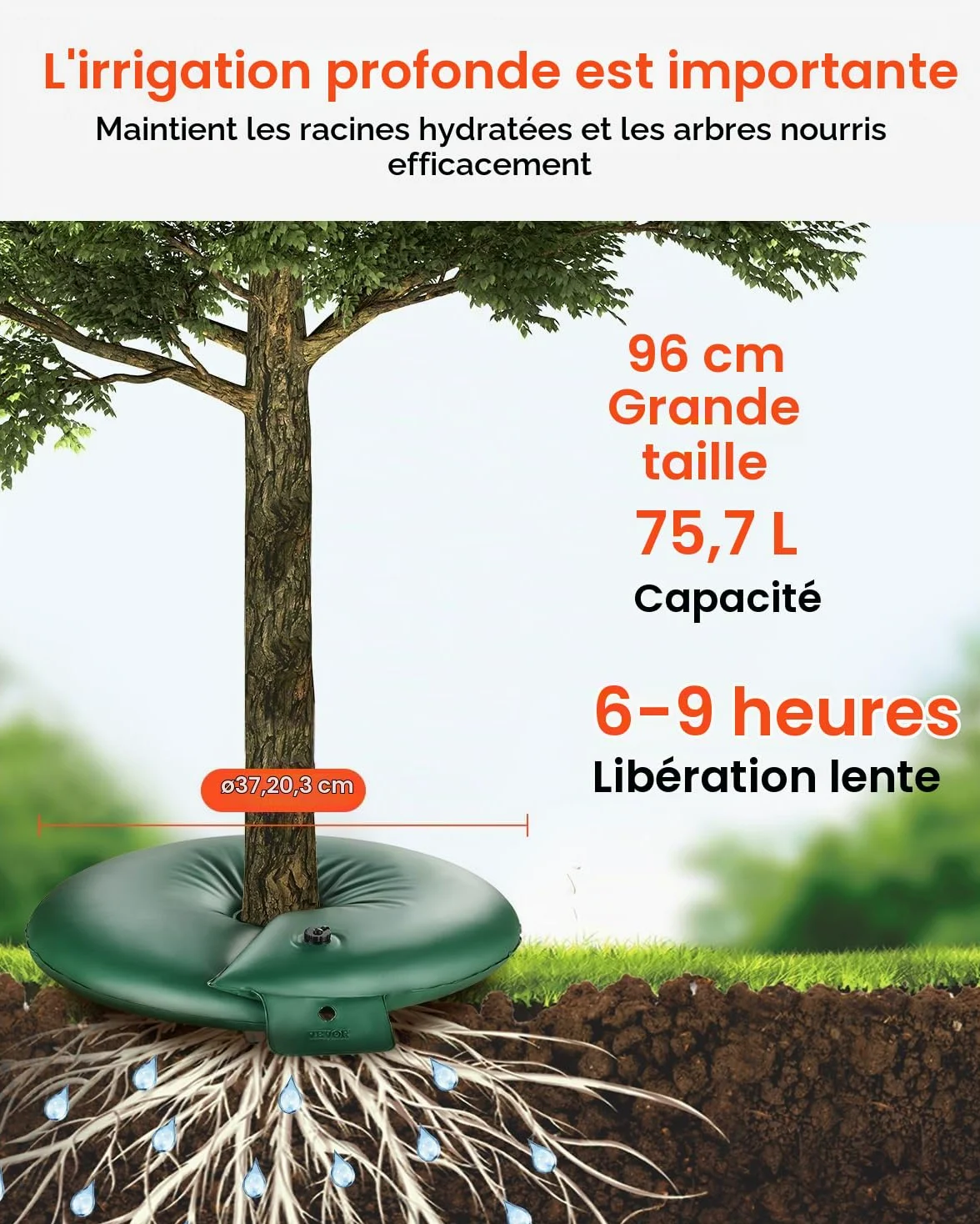 VEVOR Anneau d'arrosage d'arbres, 4 paquets, sac d'arrosage, 75,7 L, bague d'irrigation rechargeable robuste, libération lente de 6 à 9 heures, pour irrigation goutte à goutte des racines des arbustes