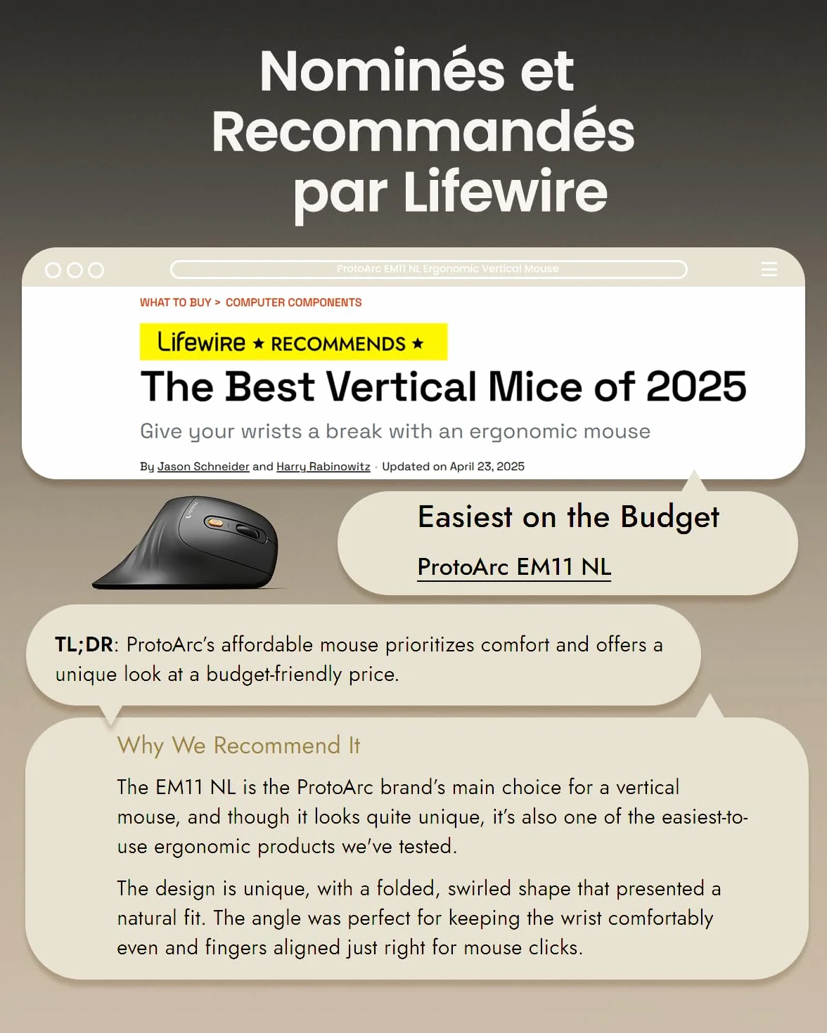 ProtoArc EM11 NL Souris Ergonomique sans Fil Verticale Rechargeable 3 Ports Bluetooth USB Silencieuse Noir
