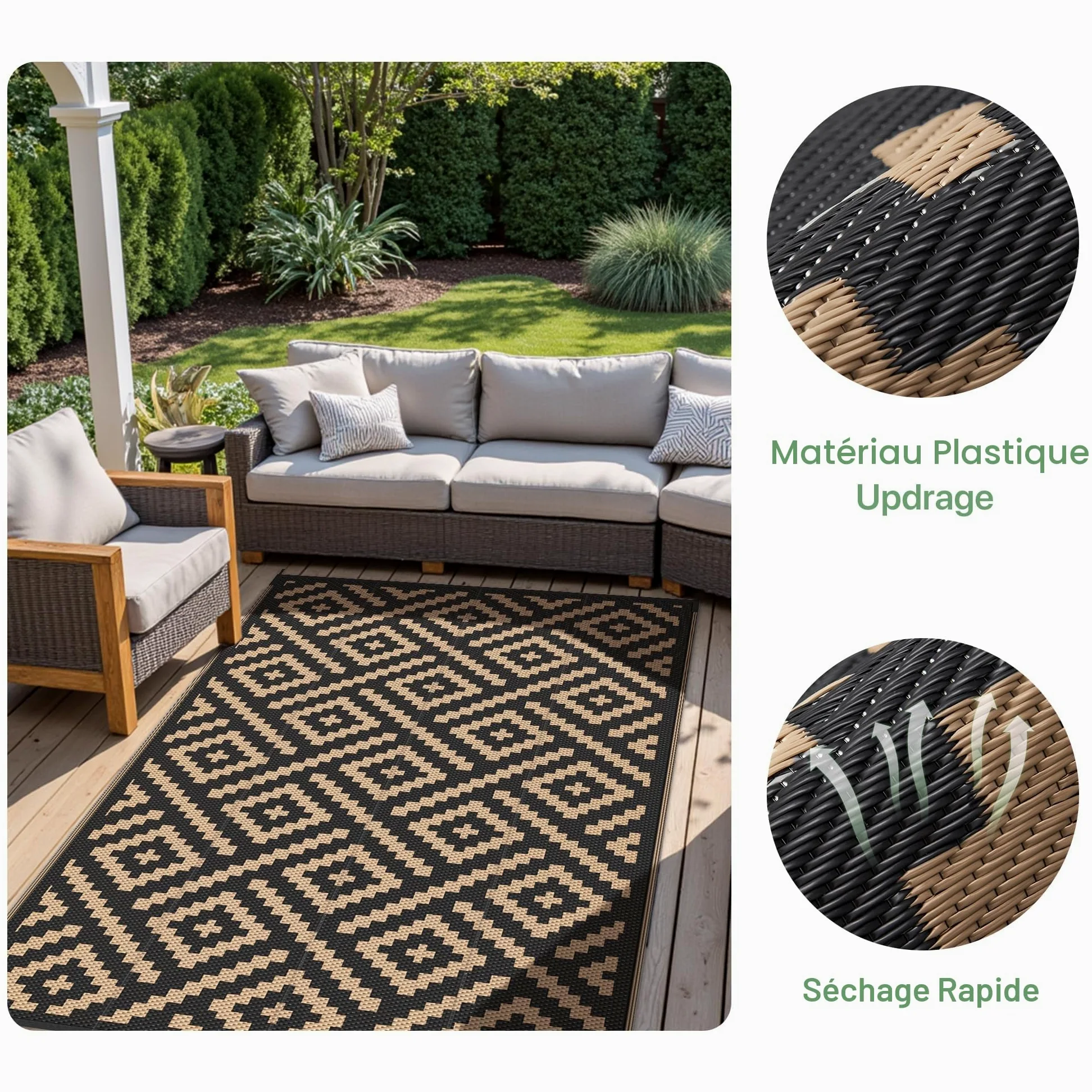 GENIMO Tapis Exterieur Resistant Pluie Terrasse, Reversible Résistant aux UV Tapis Extérieur, Couverture de Pique-Nique Portable pour Jardin, Balcon, Camping, Barbecue, 120x180cm, Noir & Brun