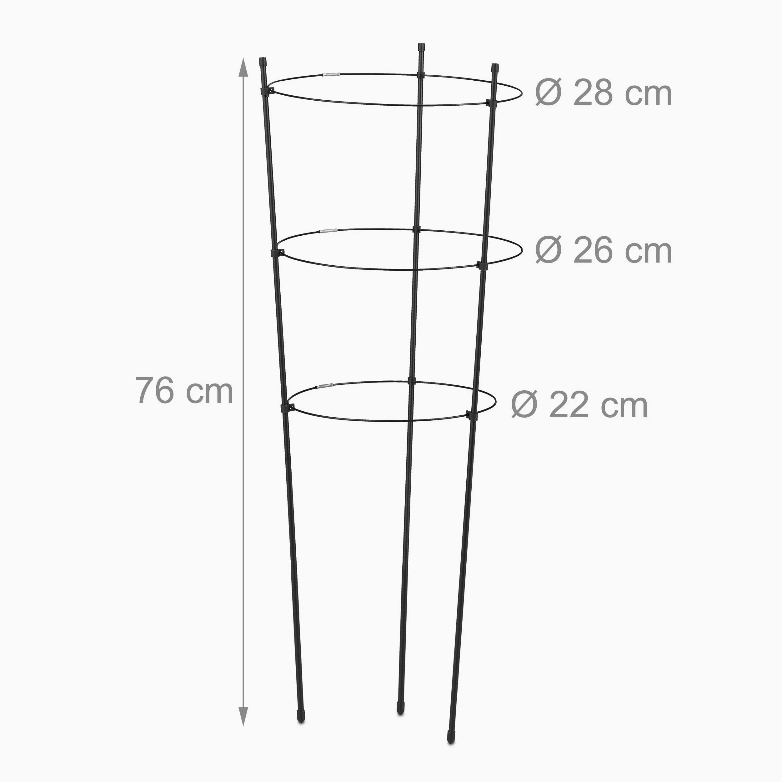 Relaxdays Tuteur pour tomates, Plantes grimpantes, Lot de 6, métal & Plastique, 3 Anneaux réglables, Hauteur 76 cm, Noir