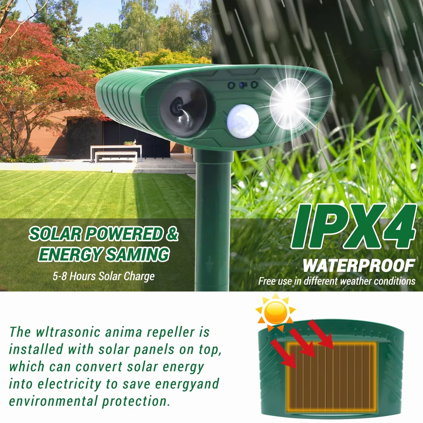 Répulsif Chat Ultrason Solaire Étanche Exterieur avec LED Détecteur de Mouvement pour Jardin Contre Chiens Chats Oiseaux Renards Rats