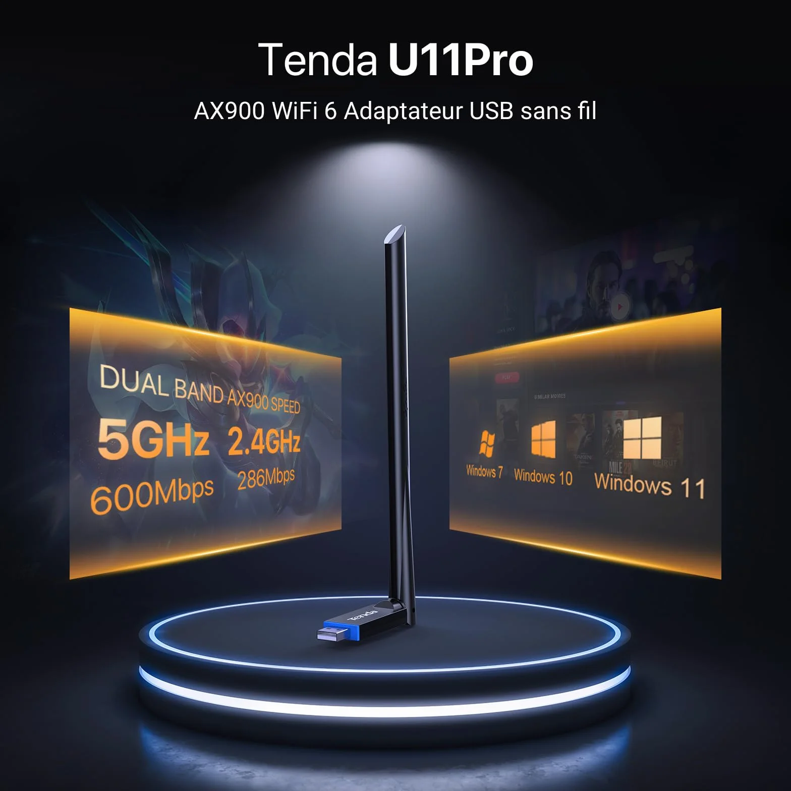 Tenda Clé WiFi AX900Mbps USB Antenne 6dBi Double Bande 5/2.4 GHz U11 Pro