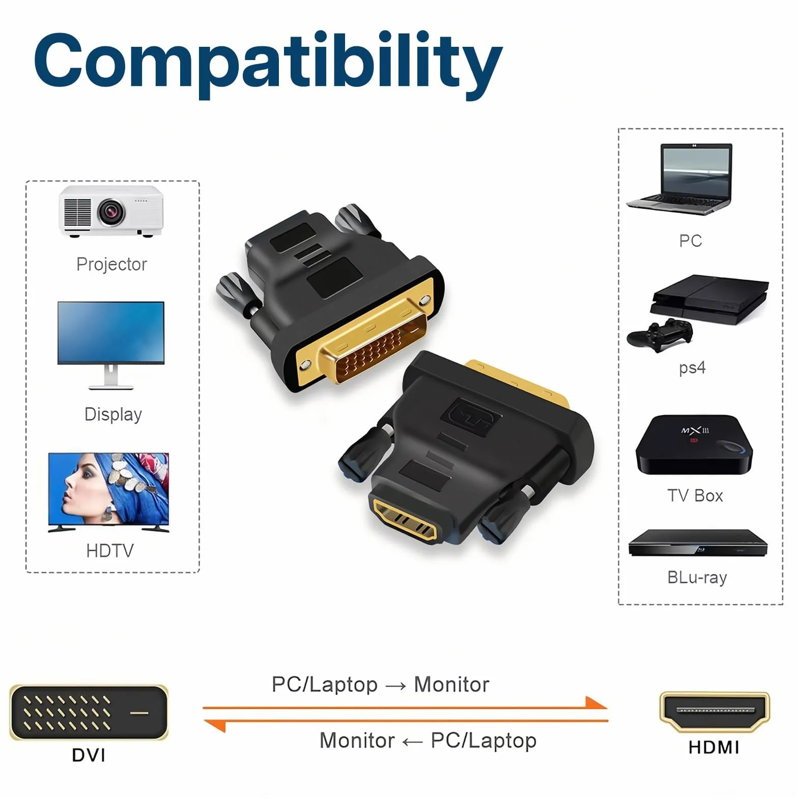 MMOBIEL Adaptateur HDMI vers DVI Bidirectionnel DVI-D Mâle Dual Link vers HDMI Femelle 1080p Full HD 60Hz Connecteur Or