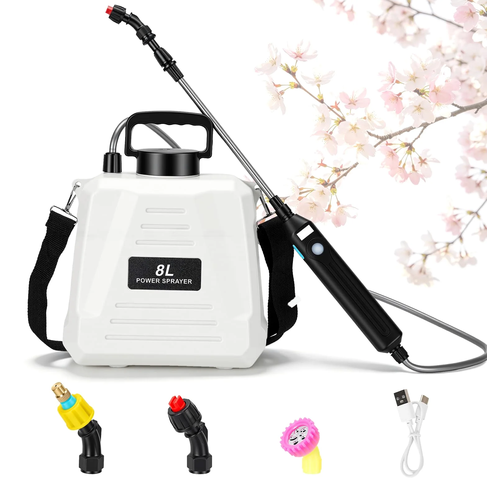 Pulvérisateur électrique 8L avec Batterie USB-C, 3 Buses, Lance télescopique, bandoulière, pour arrosage Jardin & désherbage