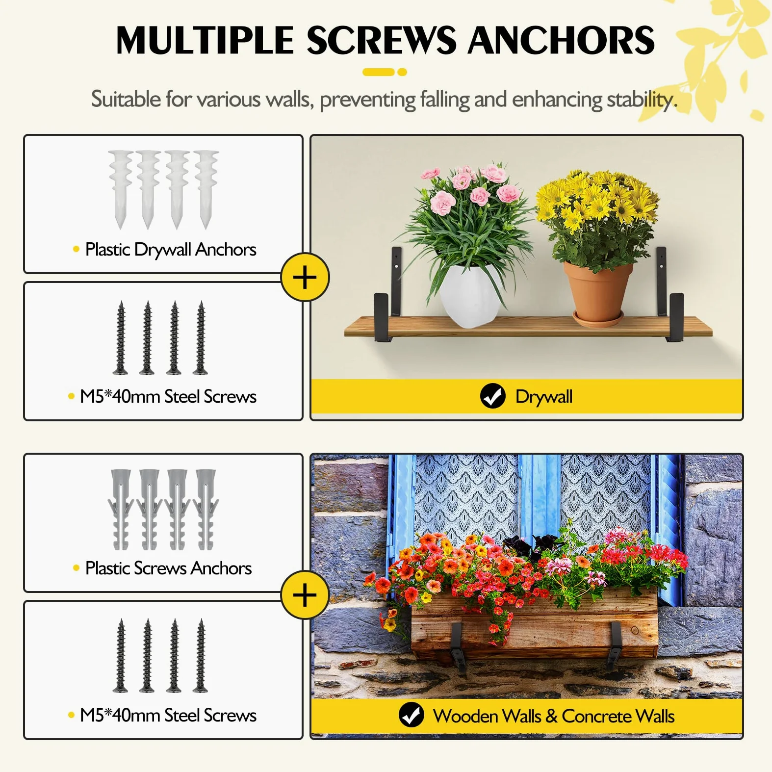 LukLoy Lot de 6 supports muraux réglables pour jardinière de fenêtre (15,2 à 30,5 cm), avec une capacité de 31,8 kg, noir