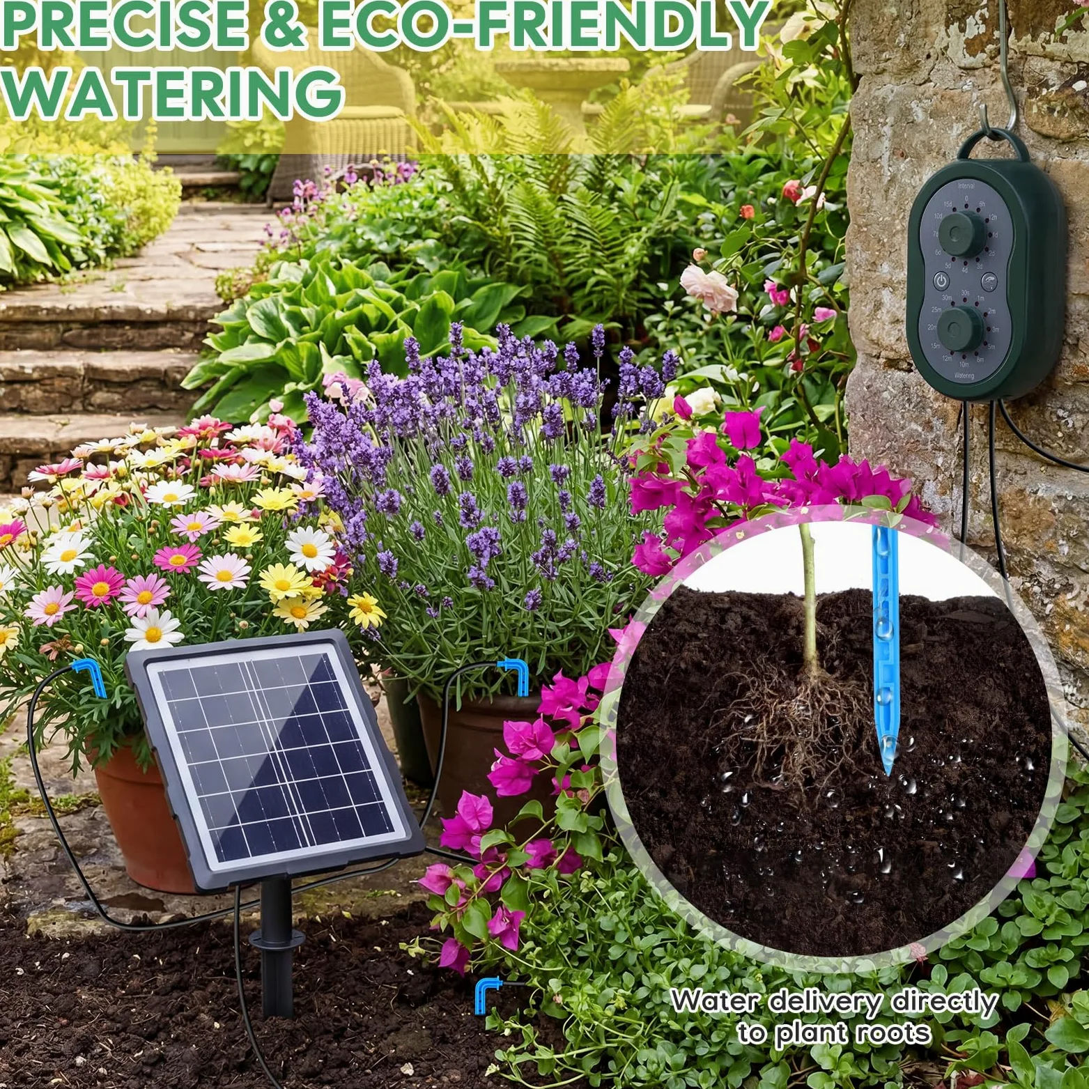 Arrosage Goutte a Goutte Solaire, Kit D'irrigation Automatique Solaire 3W, Arrosage Système Automatique avec Minuterie Intégrée pour 15 Pots pour Intérieur et Exterieur Balcon Jardin Plante