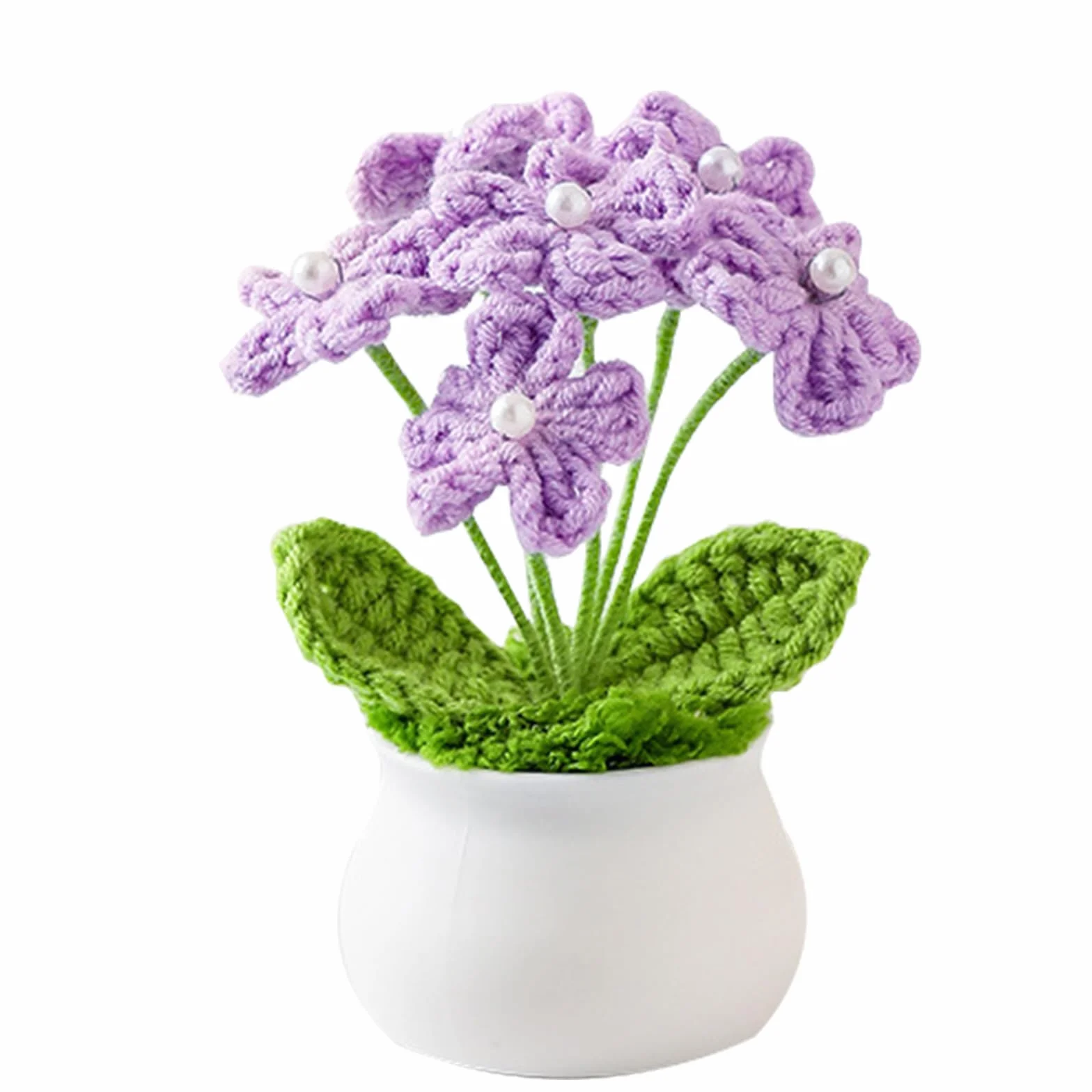 Fleur Crochet Tricotées Peluche Faites à Main Petites Plantes Pot pour Maison Bureau (Violet)