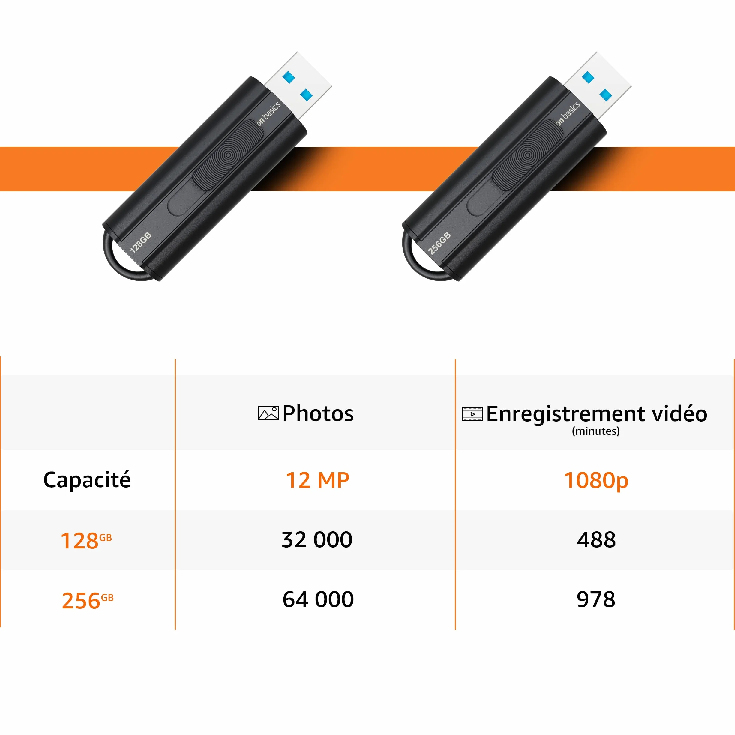 Amazon Basics 128 Go Clé USB 3.1 Noir, vitesse de lecture 130 Mo/s