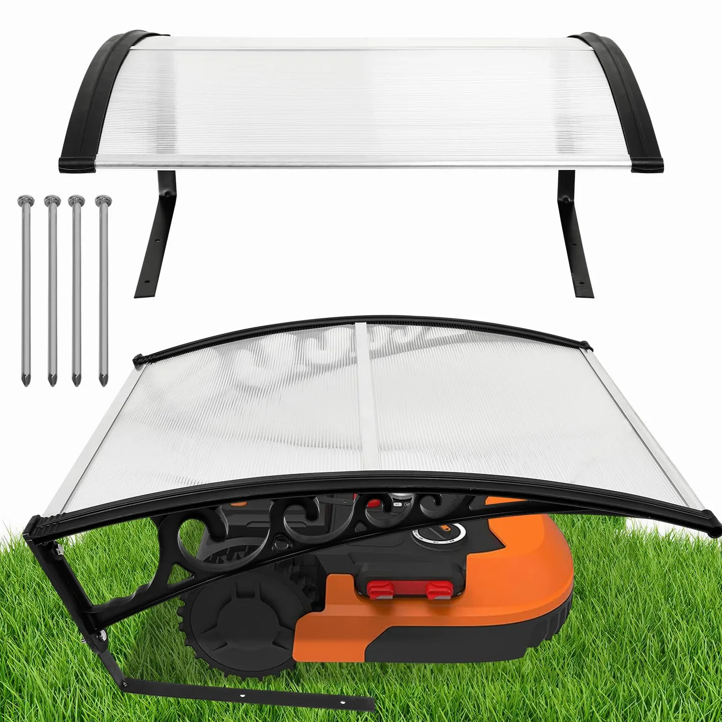 Eulenke Garage pour tondeuse robot à gazon, 105 x 85 x 45 cm, pour jardin, résistant aux intempéries et protection UV, avec pieds en métal, transparent