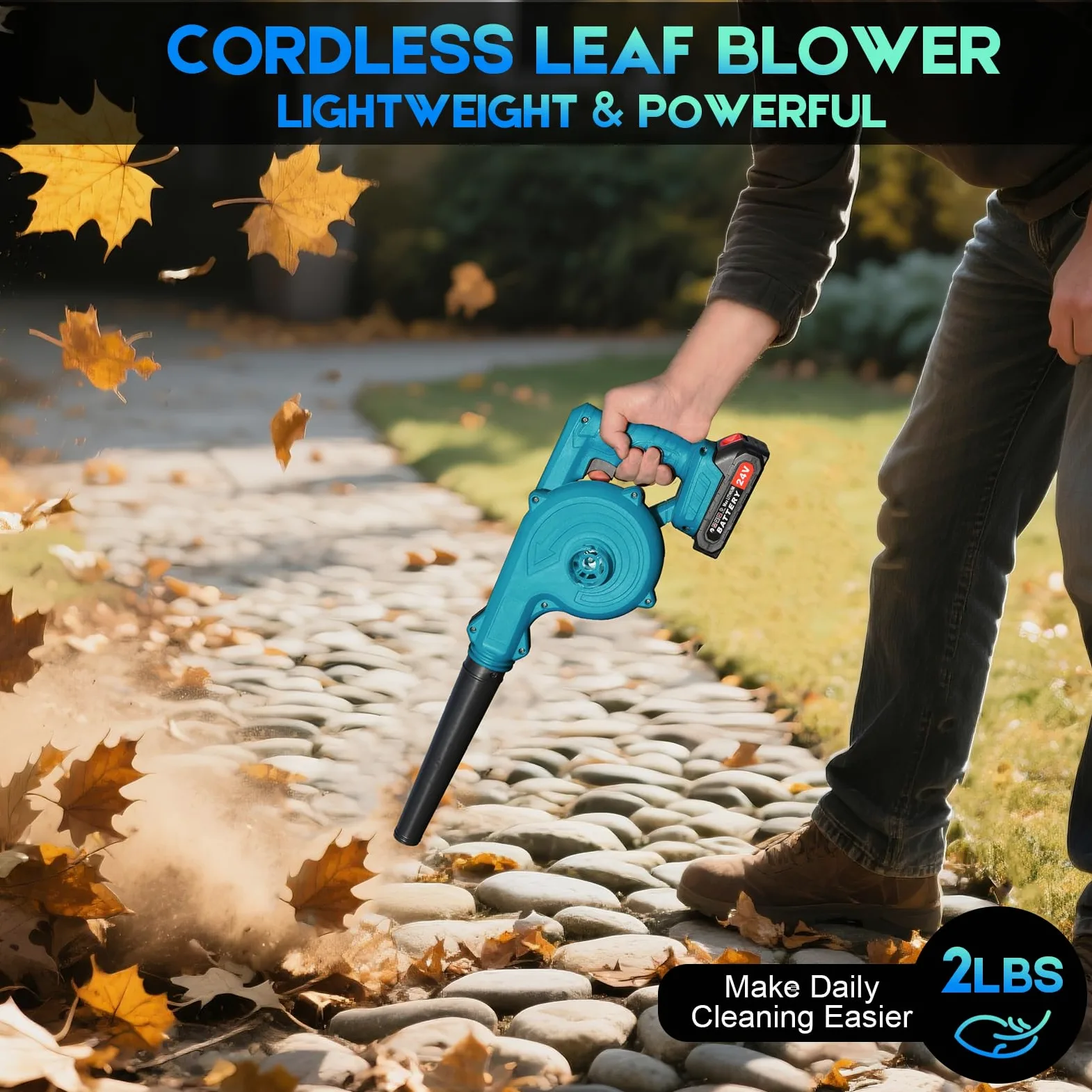 Souffleur sans Fil 24V – Puissant et Léger pour Jardin, Voiture, Atelier | Moteur Brushless 20 000 tr/min, 40 min, Poignée Antidérapante, Multi-usages Feuilles/Neige/Poils, Chargeur+Embout Inclus