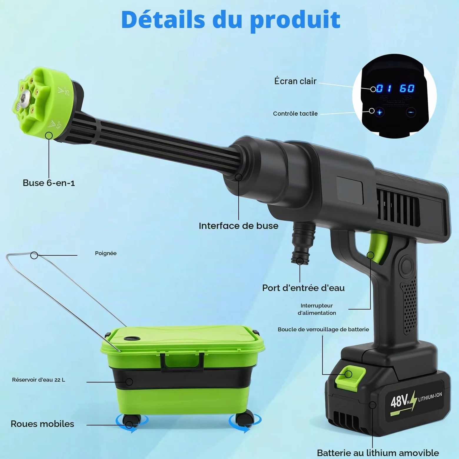 Nettoyeur haute pression, nettoyeur haute pression portable avec 30 bar, 2 batteries de 3,0 Ah, réservoir pliable de 22 litres, buse multifonction 6 en 1, nettoyeur haute pression sans fil pour