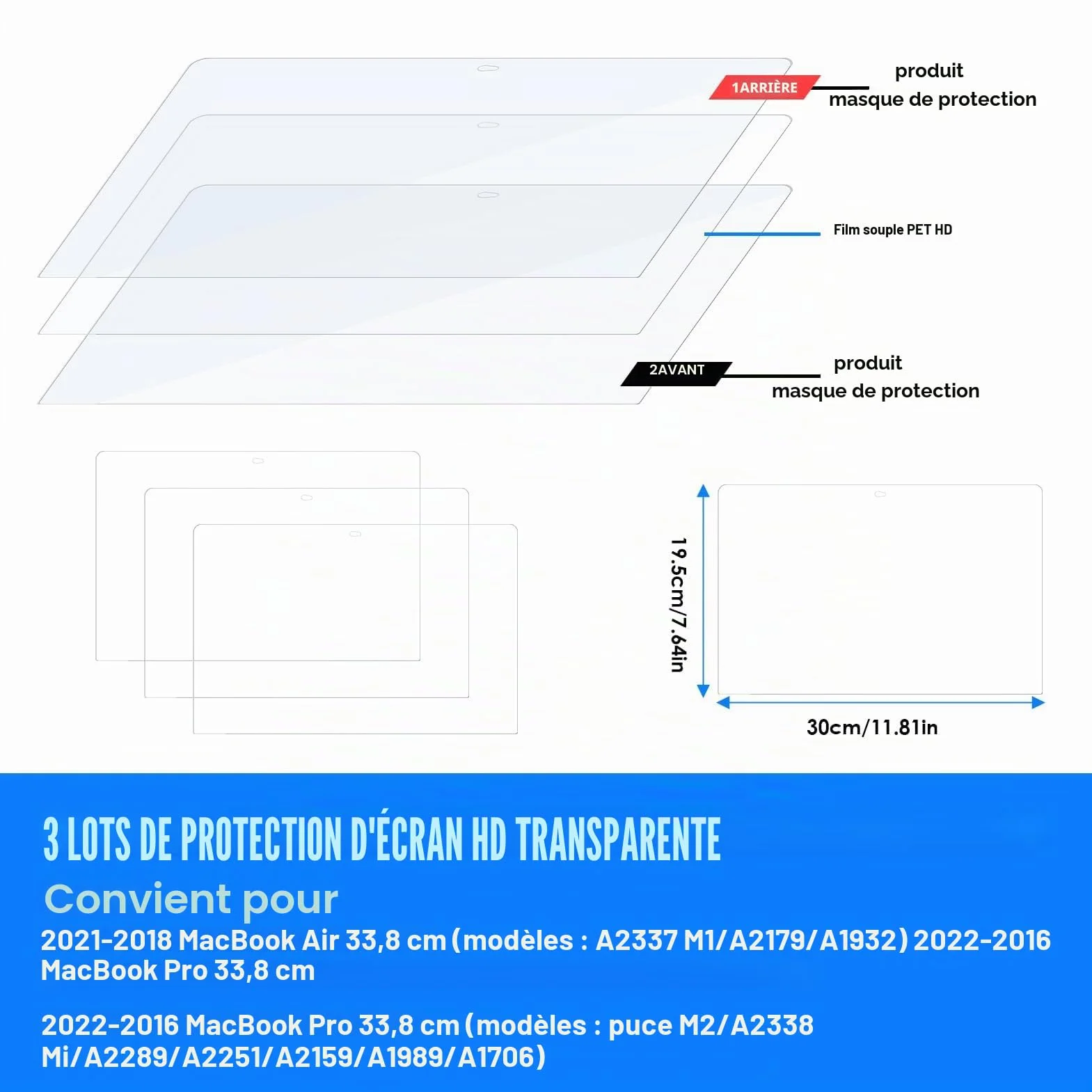 Lot de 3 Protection D'écran pour MacBook Air 13 Pouces 2018-2021 M1 A2337 A2179 A1932 et MacBook Pro 13 Pouces M1 M2 A2889 A2251 A2338 A2159 A1706 A1708 A1989