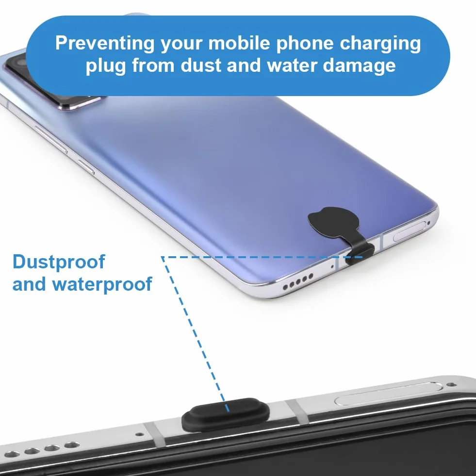 Kit Poussière de Téléphone Silicone pour Prise Adhésive Lot de 6 Caches Anti-poussière Type C Noir Blanc Transparent
