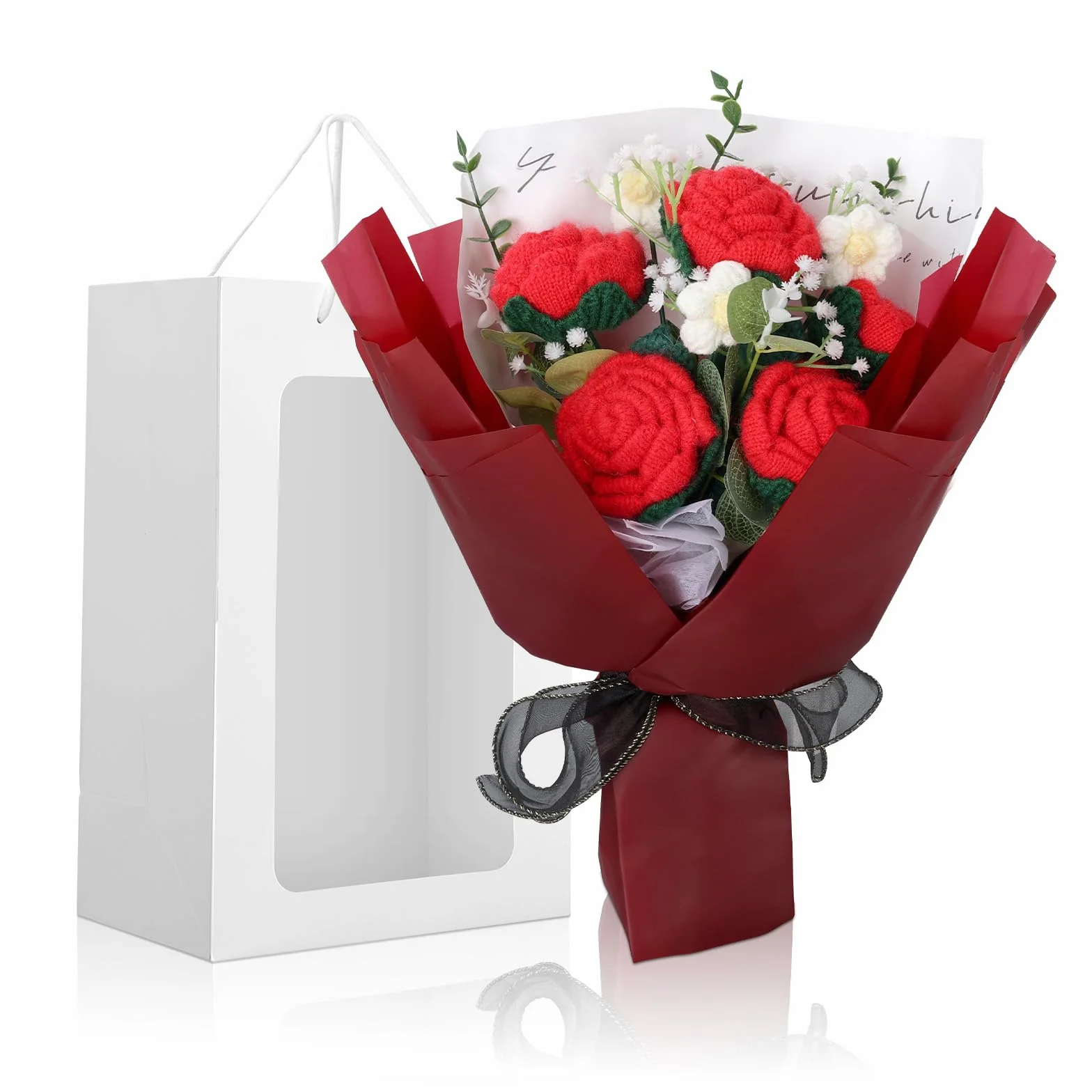 Foyucool Bouquet en Crochet Fait Main, Composition Florale Finie avec Sac Cadeau, Rose Rouge, Décoration Bureau, Idée Cadeau pour Femme