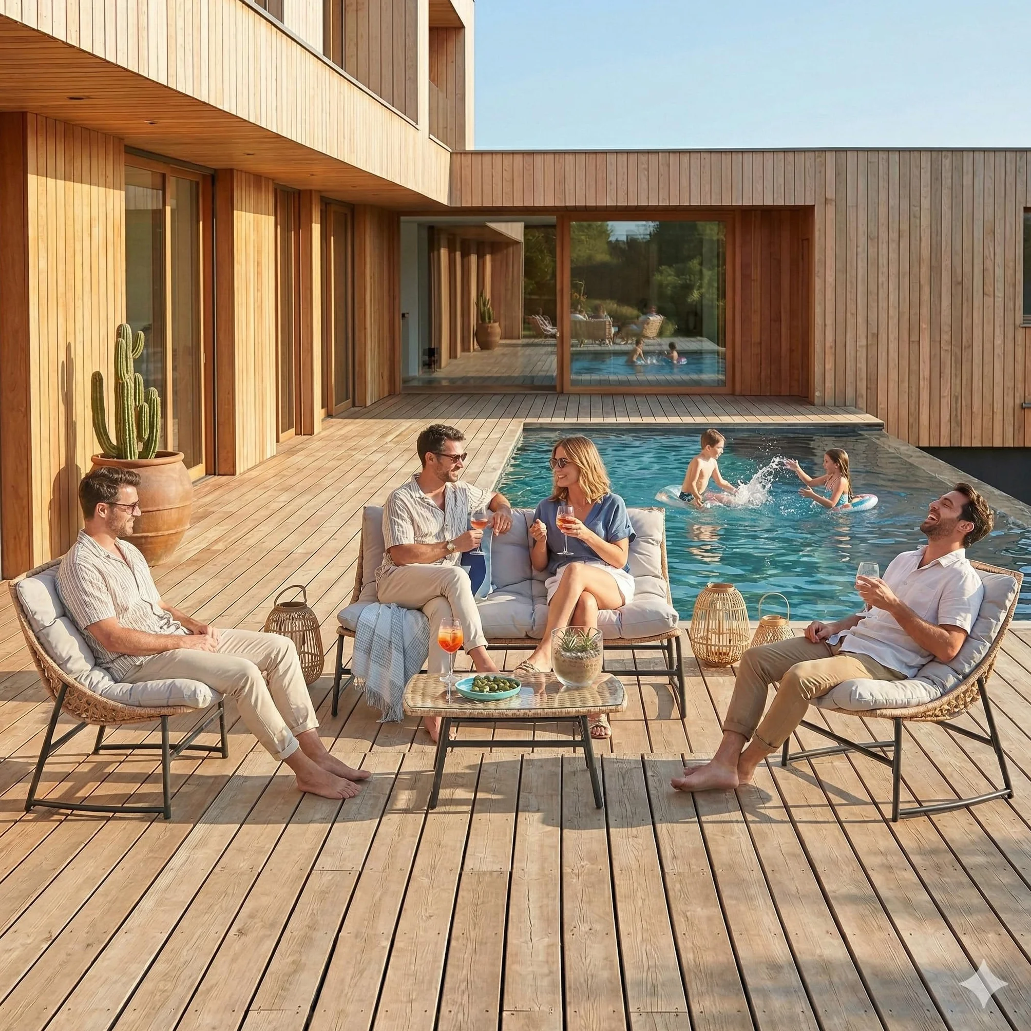 Salon de Jardin 4 Places GUAHANA Résine Aspect Rotin Structure Acier Table Basse Verre Trempé