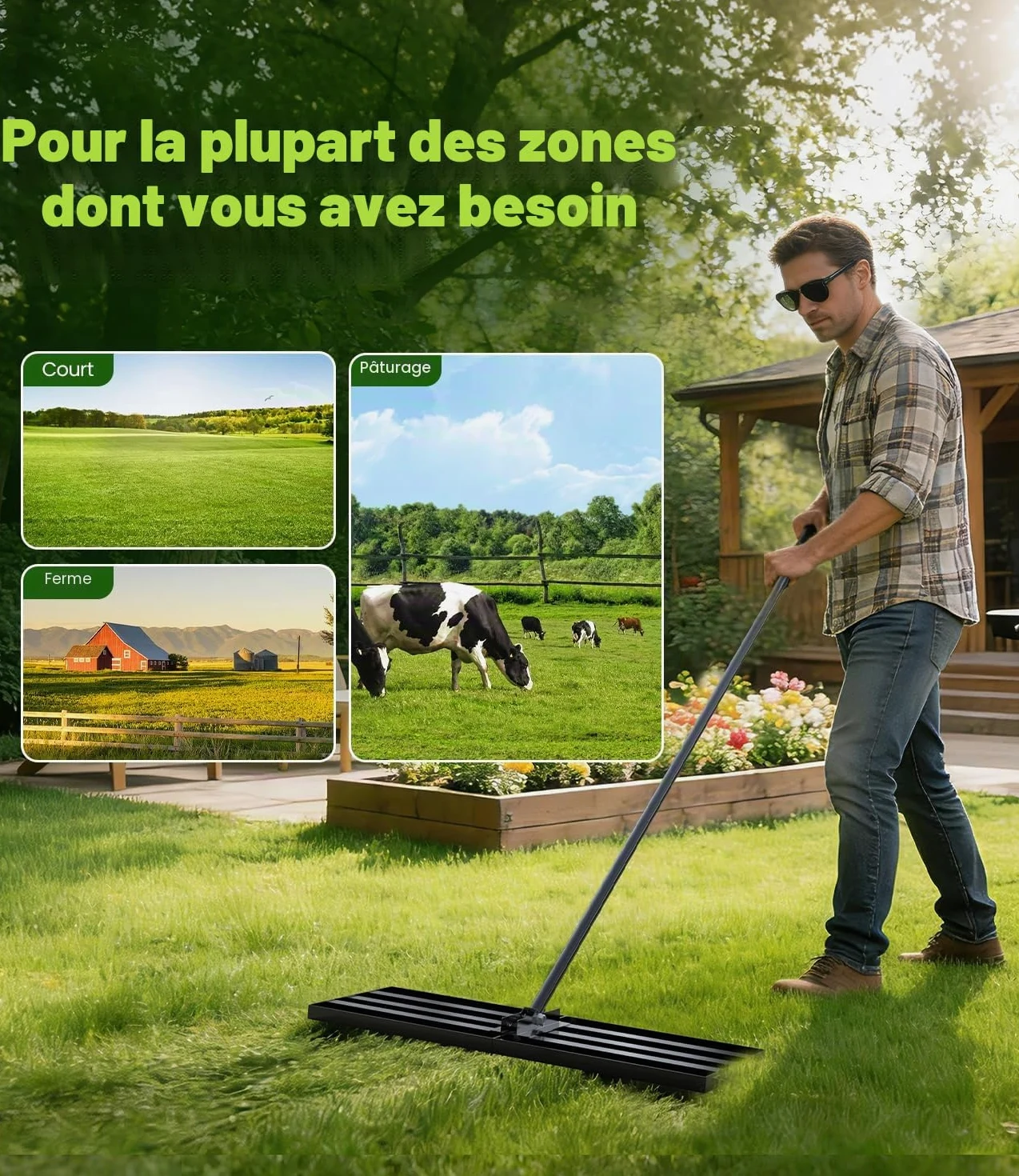 Râteau de Nivellement de Pelouse Jardin Aménagement, 2100x 430x 300 mm Râteau Niveleur Inoxydable avec Poignée de 2 m de Long, Robuste Nivellement Rateau Les Cour arrière et Les Terrain de Golf