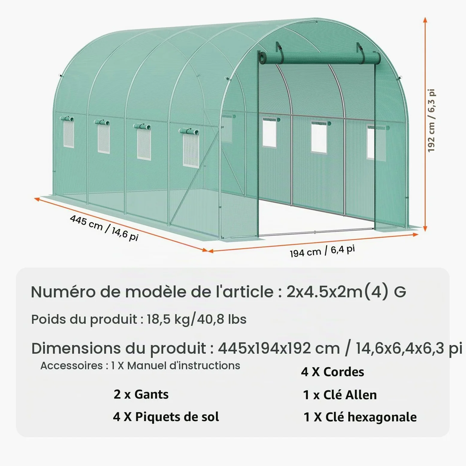 VEVOR Serre Tunnel Jardin, 445x194x192 cm, Tente Abri Plantes avec Cadre en Acier Galvanisé, Couverture en PE Verte, Porte à Glissière Enroulable, 8 Fenêtres, pour Extérieur Cultiver Légumes Fleurs