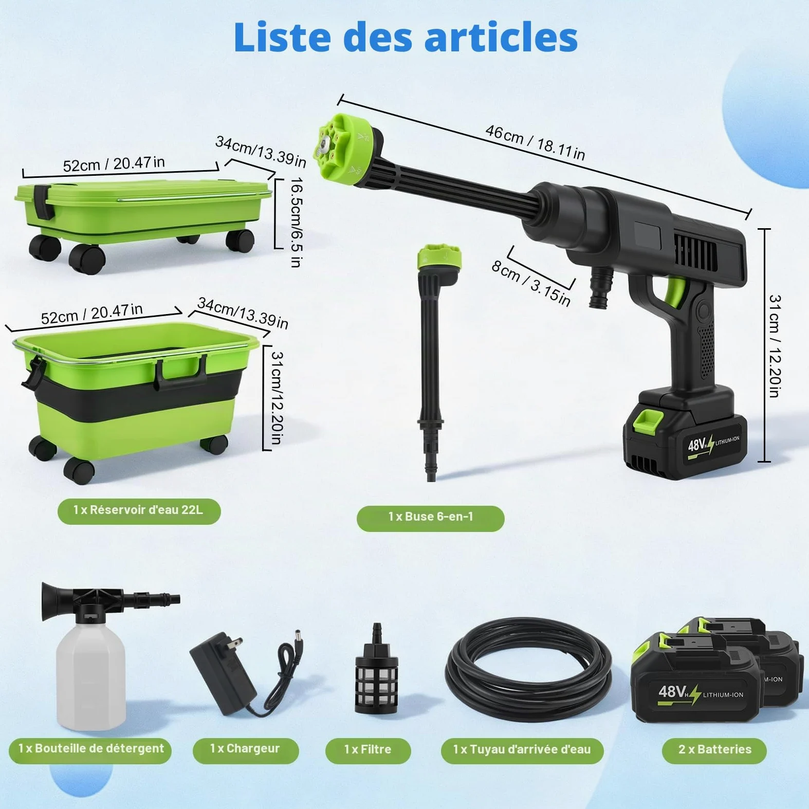 Nettoyeur haute pression, nettoyeur haute pression portable avec 30 bar, 2 batteries de 3,0 Ah, réservoir pliable de 22 litres, buse multifonction 6 en 1, nettoyeur haute pression sans fil pour