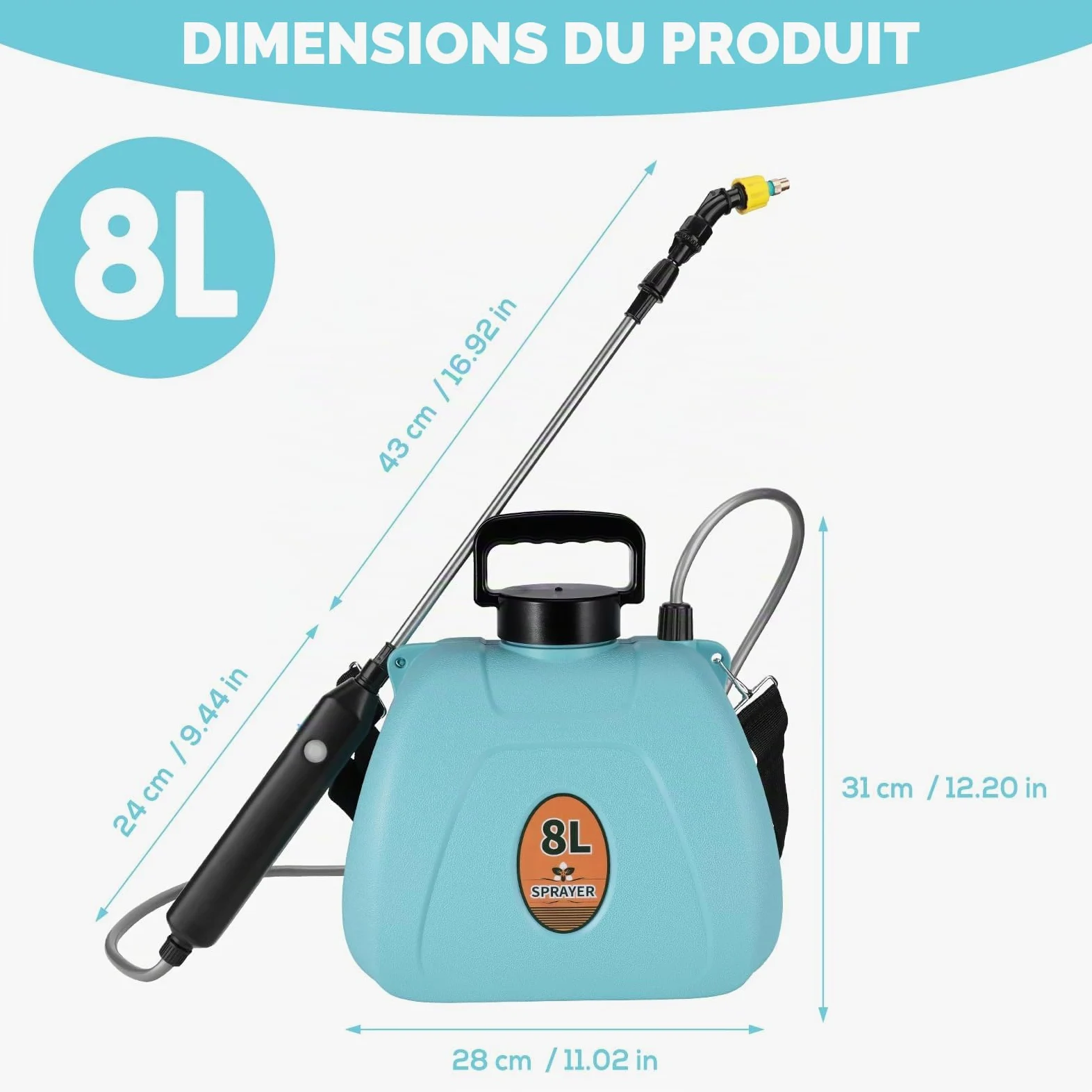 Pulvérisateur à Pression à Batterie 8L Pulvérisateur Électrique Puissant avec 3 Buses de Brume, Pulvérisateur de Jardin à Poignée Rechargeable avec Bandoulière Réglable (Bleu Clair)
