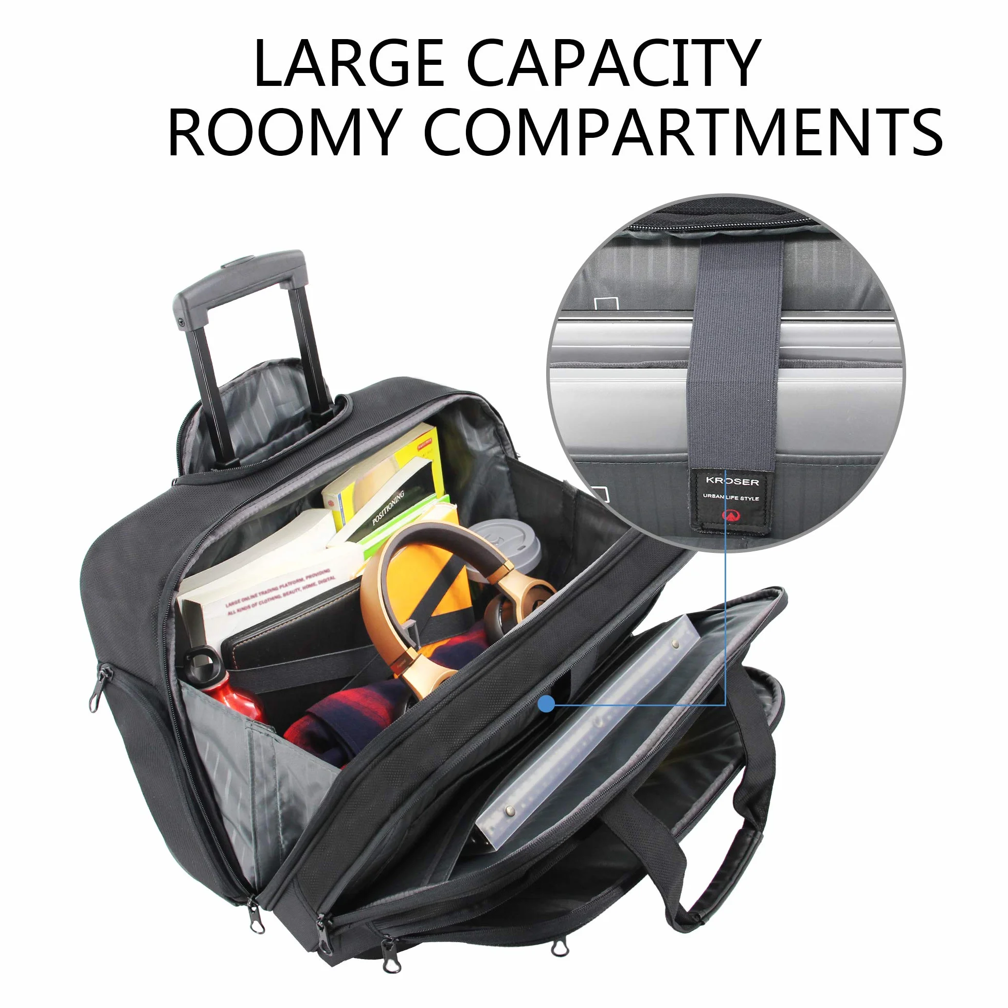 KROSER Mallette à roulettes Portable Sacoche Ordinateur 17,3" Imperméable Porte-Documents Poches RFID Rolling Laptop Bag