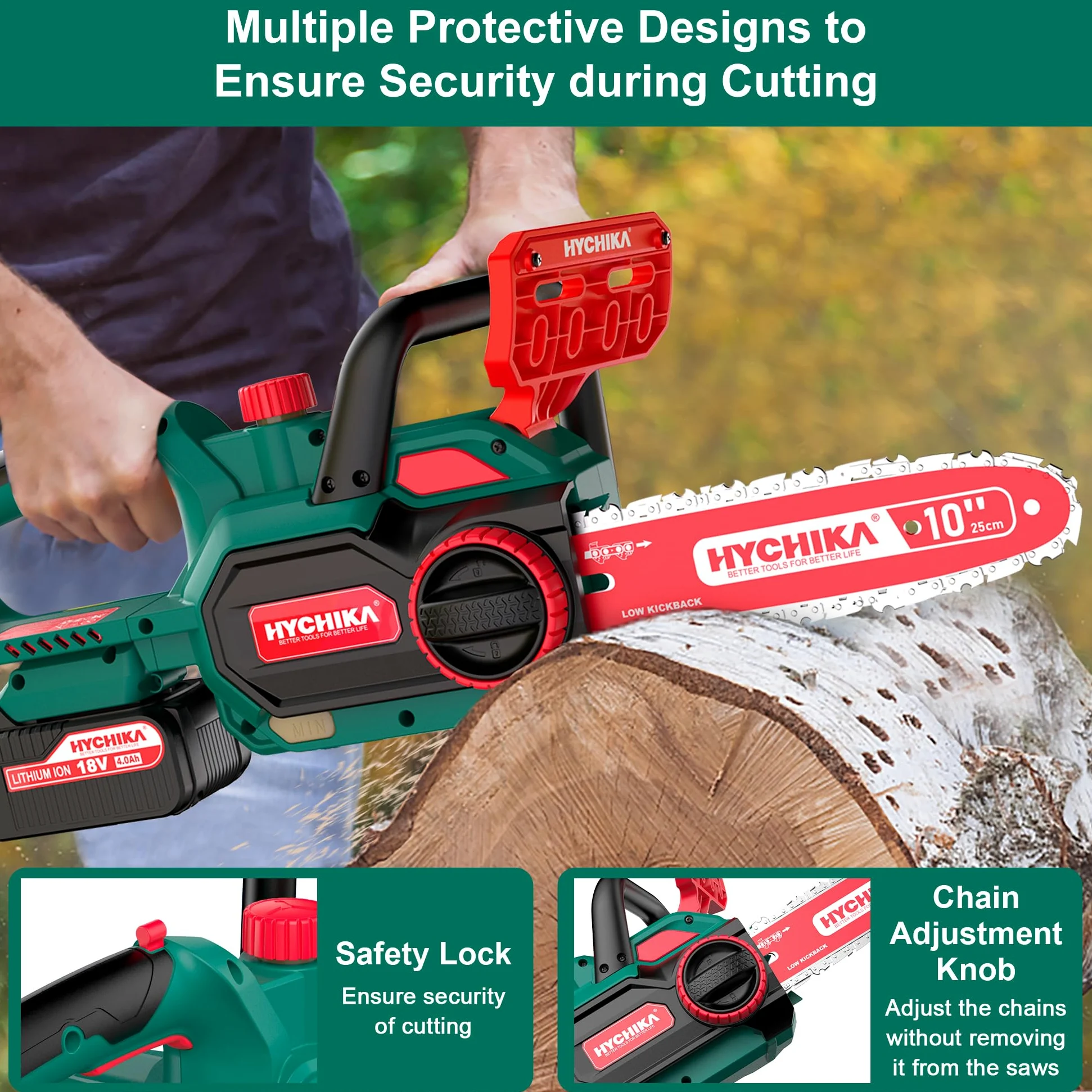 HYCHIKA – Tronçonneuse électrique avec chaîne de 25,4 cm, scie à chaîne sans fil 18 V avec batterie de 4000 mAh et chargeur, scies électriques pour couper le bois et les arbres, scie à arbre à essence