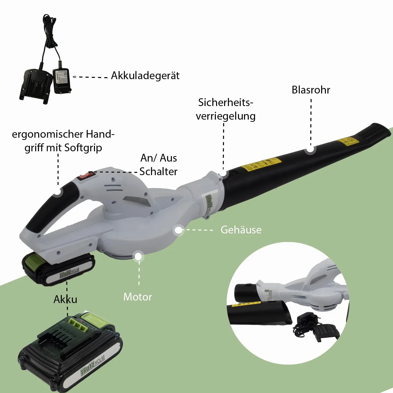 TRUTZHOLM Souffleur à feuilles sans fil 20 V avec batterie de 2000 mAh et chargeur – Souffleur de feuilles sans fil, léger de 1,4 kg avec 90 cm de longueur, 40 min d'autonomie, poignée ergonomique et